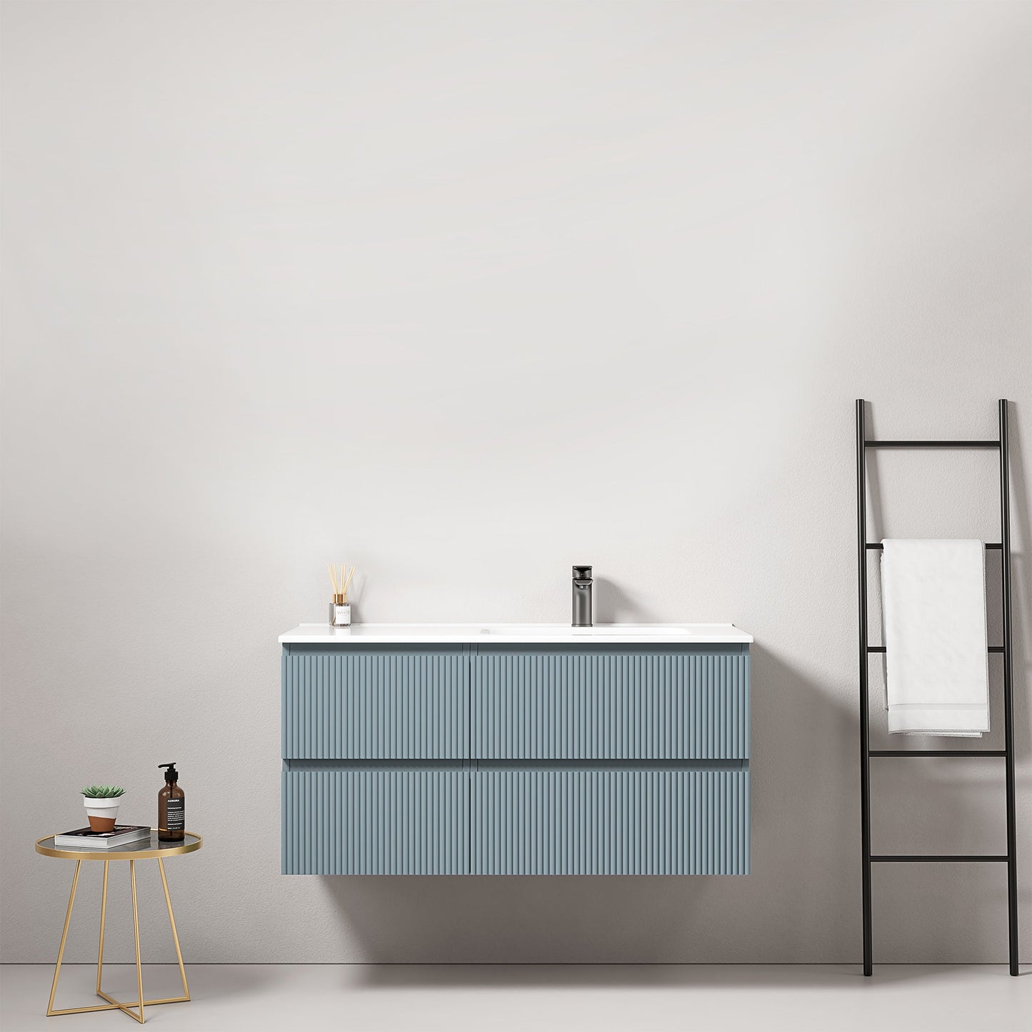 Mobile bagno sospeso cannettato 100 cm Blu Avio Lavabo a Destra in Ceramica Senza Specchio - Fiji Paint