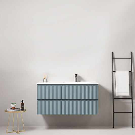 Mobile bagno sospeso cannettato 100 cm Blu Avio Lavabo a Destra in Ceramica Senza Specchio - Fiji Paint