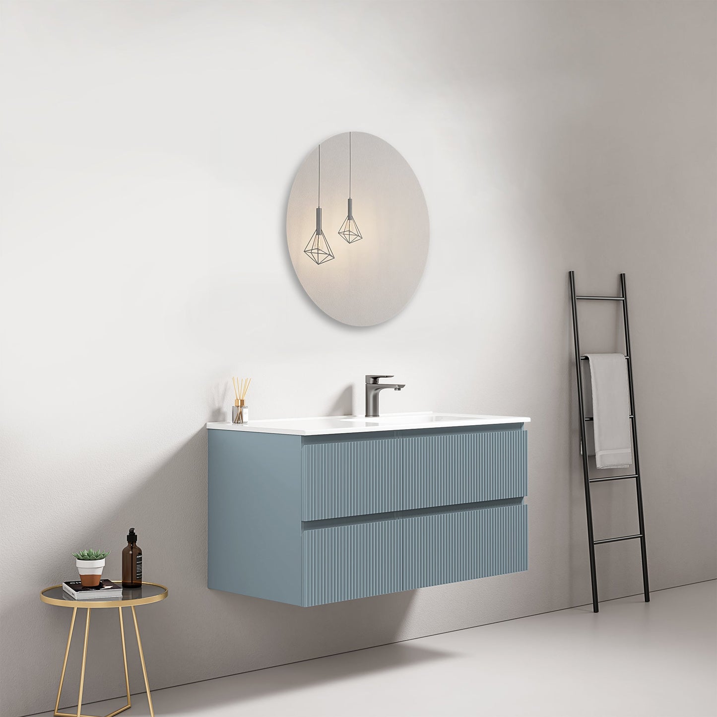 Mobile bagno sospeso cannettato 100 cm Blu Avio Lavabo a Destra in Ceramica Specchio Tondo - Fiji Paint.