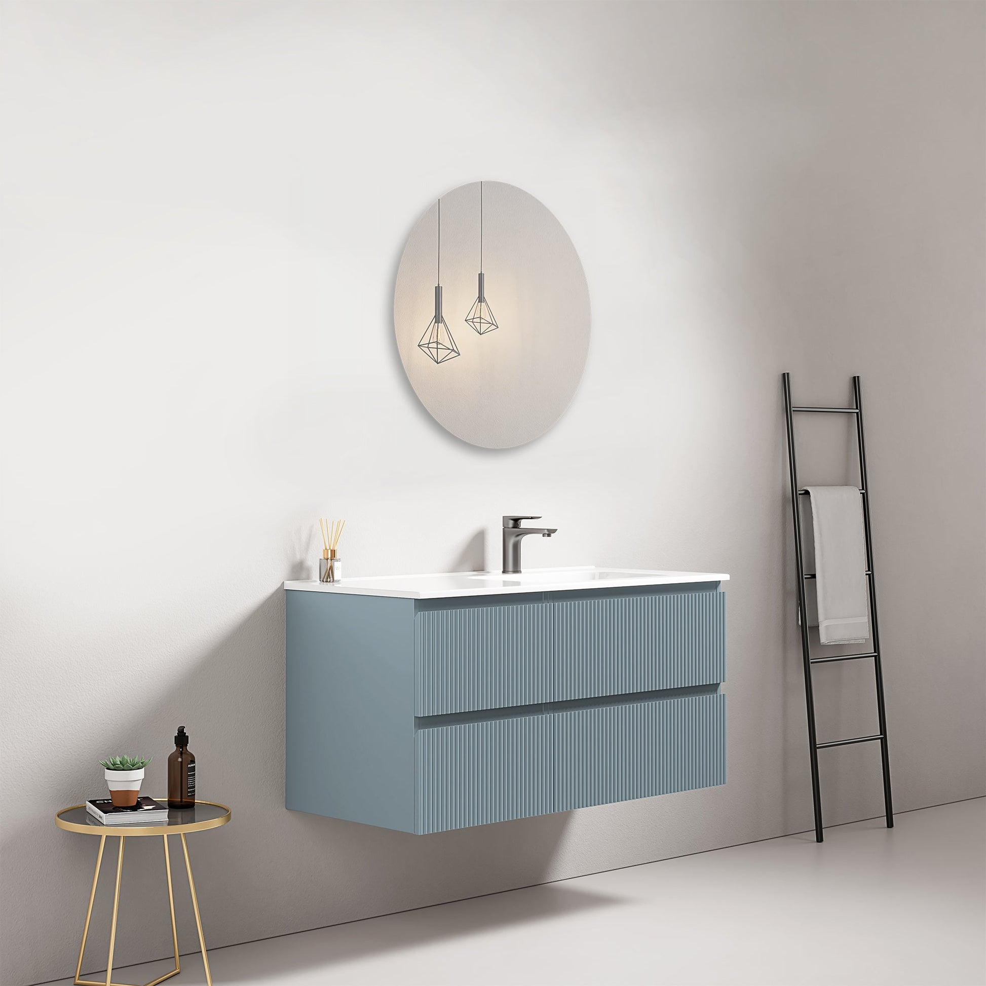 Mobile bagno sospeso cannettato 100 cm Blu Avio Lavabo a Destra in Ceramica Specchio Tondo - Fiji Paint.