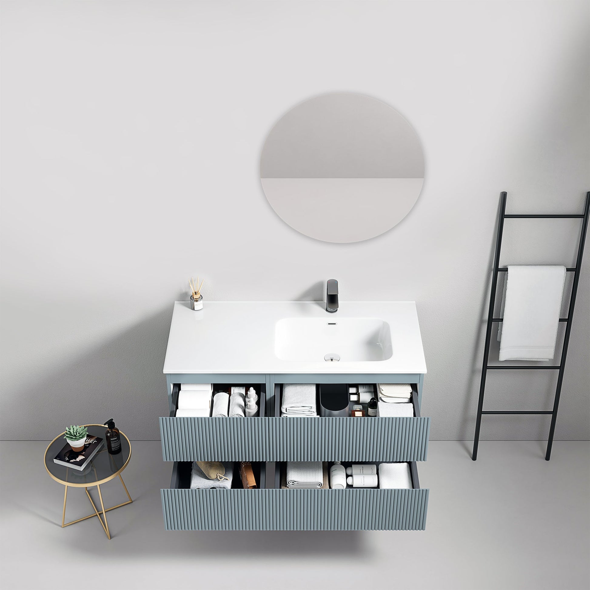 Mobile bagno sospeso cannettato 100 cm Blu Avio Lavabo a Destra in Ceramica Specchio Tondo - Fiji Paint.