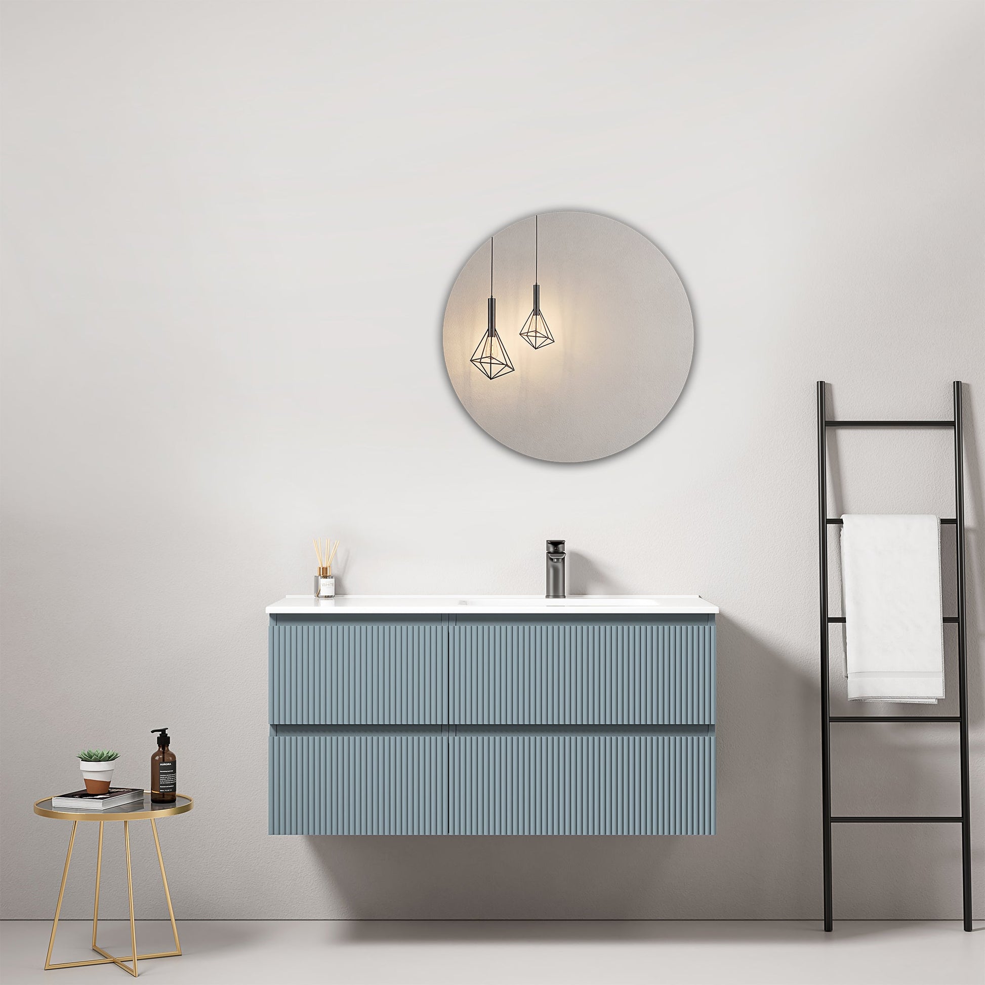 Mobile bagno sospeso cannettato 100 cm Blu Avio Lavabo a Destra in Ceramica Specchio Tondo - Fiji Paint.