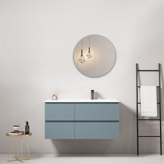 Mobile bagno sospeso cannettato 100 cm Blu Avio Lavabo a Destra in Ceramica Specchio Tondo - Fiji Paint.