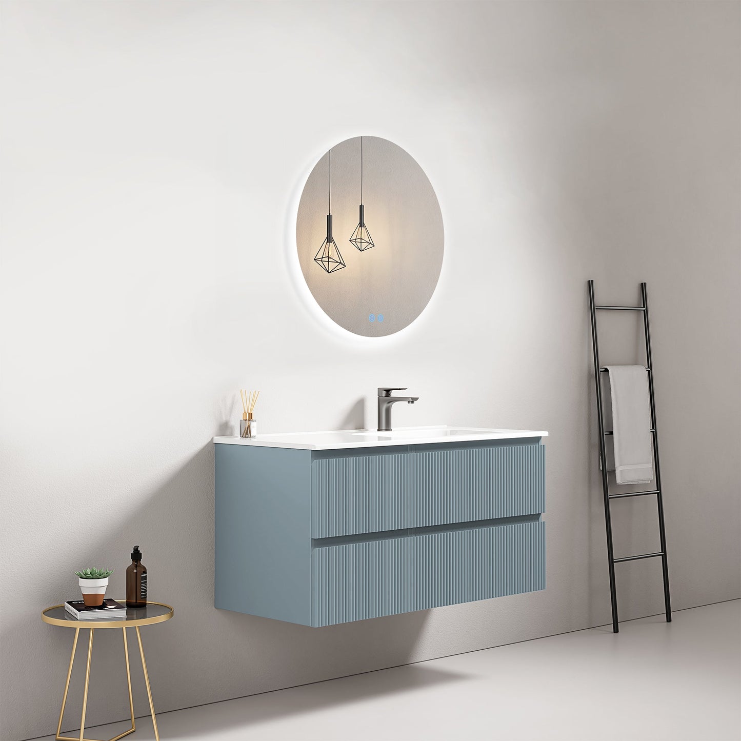 Mobile bagno sospeso cannettato 100 cm Blu Avio Lavabo a Destra in Ceramica Specchio Tondo Retroilluminato - Fiji Paint
