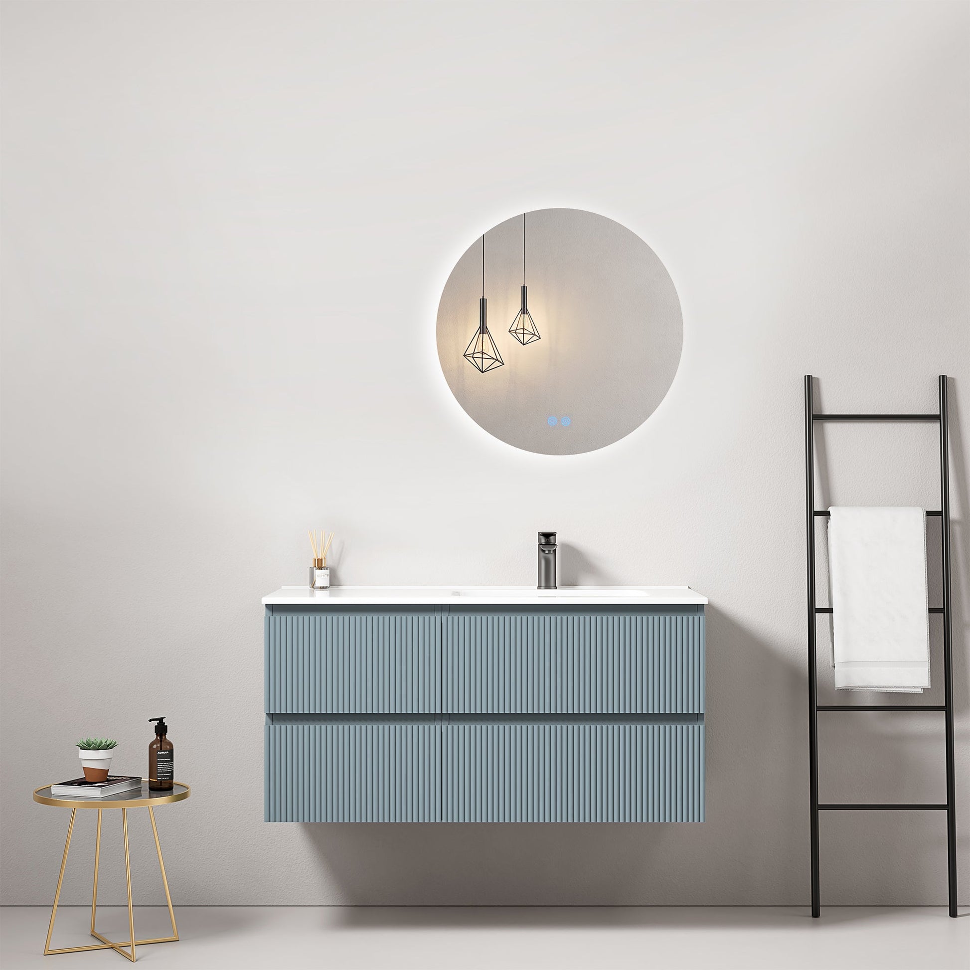 Mobile bagno sospeso cannettato 100 cm Blu Avio Lavabo a Destra in Ceramica Specchio Tondo Retroilluminato - Fiji Paint.