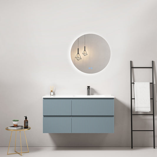 Mobile bagno sospeso cannettato 100 cm Blu Avio Lavabo a Destra in Ceramica Specchio Tondo Retroilluminato - Fiji Paint