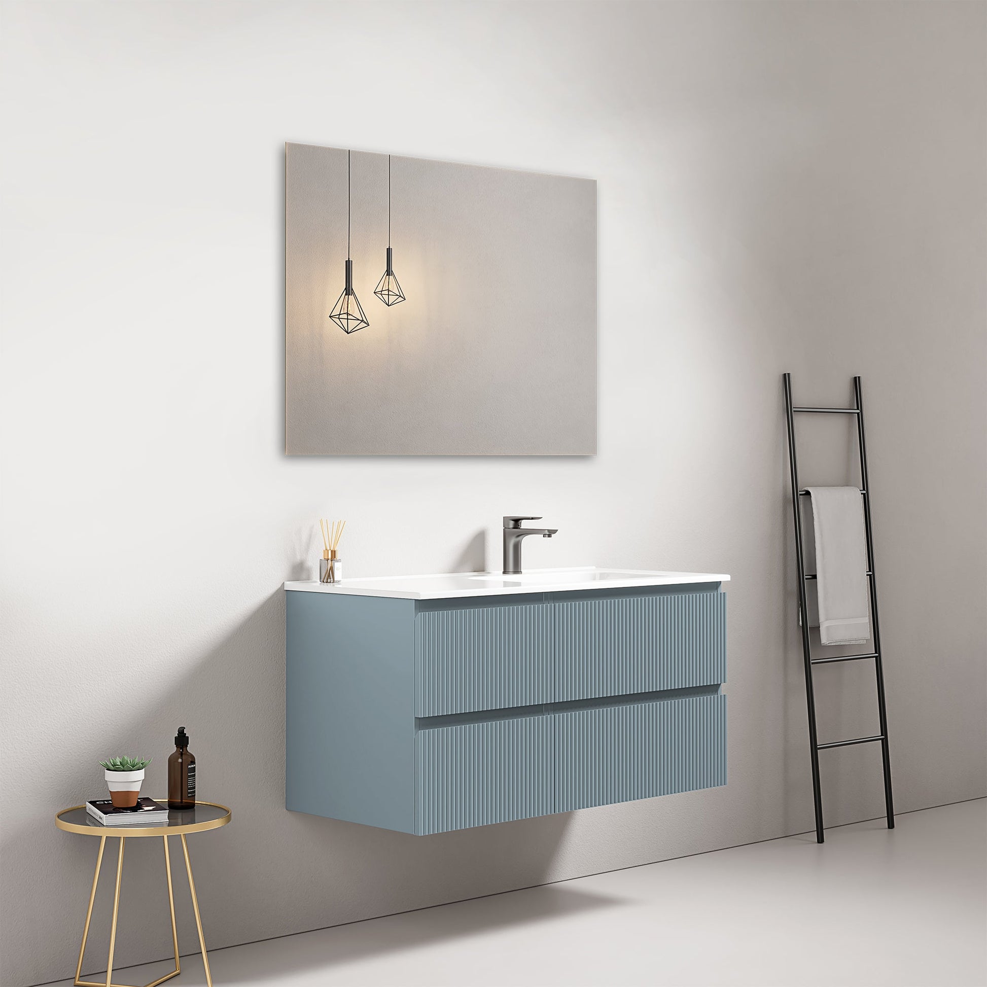 Mobile bagno sospeso cannettato 100 cm Blu Avio Lavabo a Destra in Ceramica Specchio Quadro - Fiji Paint