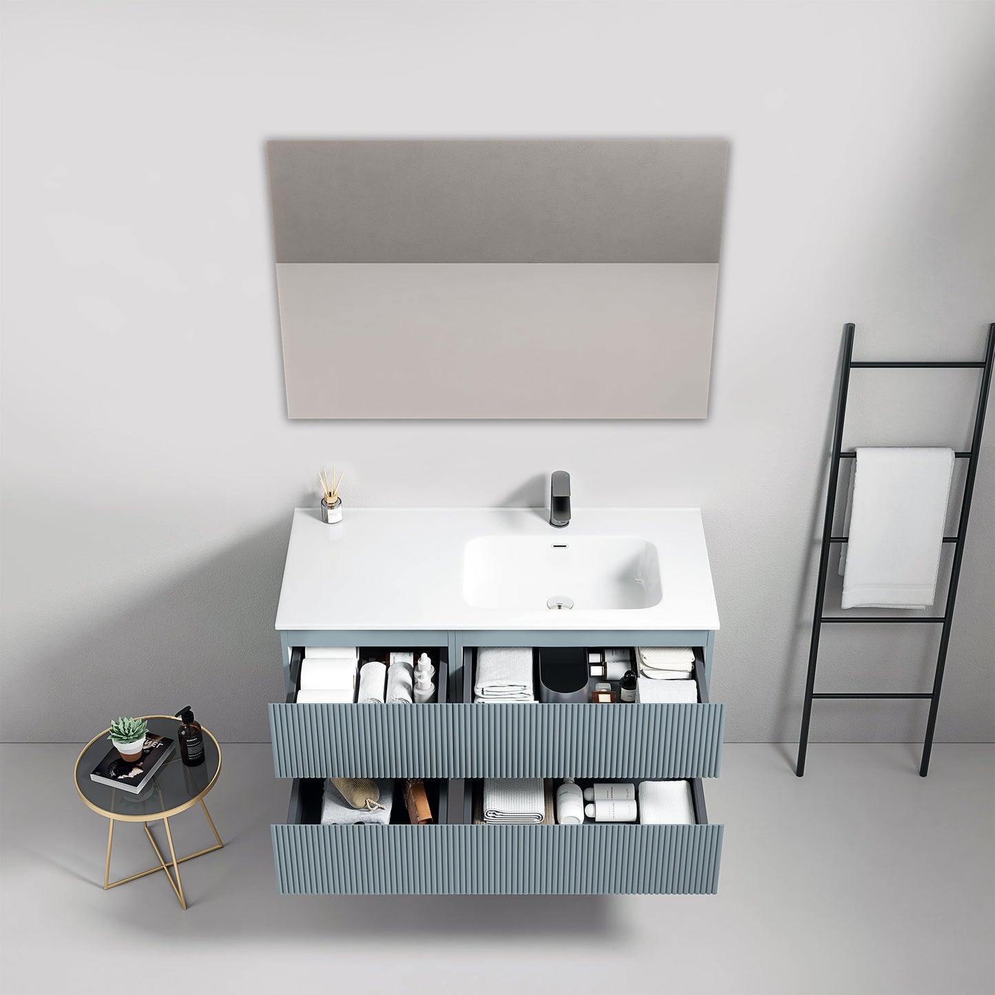 Mobile bagno sospeso cannettato 100 cm Blu Avio Lavabo a Destra in Ceramica Specchio Quadro - Fiji Paint