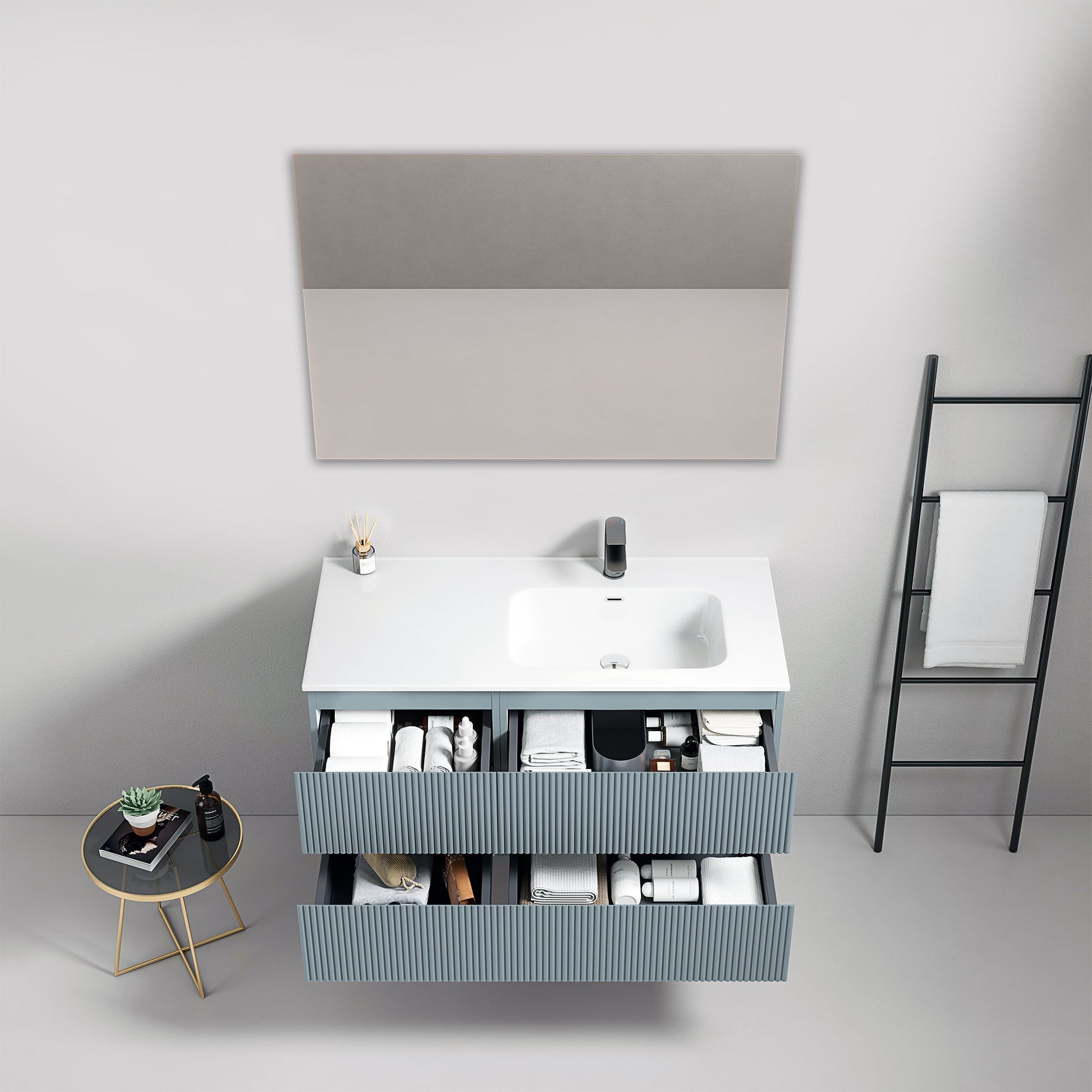 Mobile bagno sospeso cannettato 100 cm Blu Avio Lavabo a Destra in Ceramica Specchio Quadro - Fiji Paint