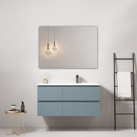 Mobile bagno sospeso cannettato 100 cm Blu Avio Lavabo a Destra in Ceramica Specchio Quadro - Fiji Paint.