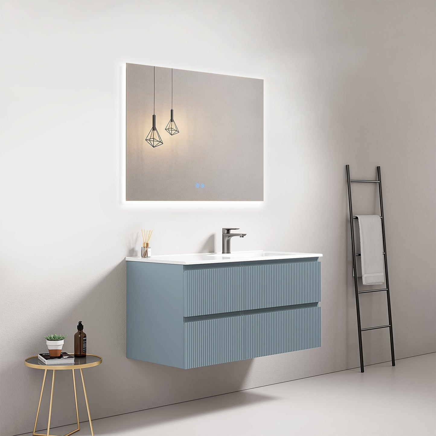 Mobile bagno sospeso cannettato 100 cm Blu Avio Lavabo a Destra in Ceramica Specchio Quadro Retroilluminato - Fiji Paint