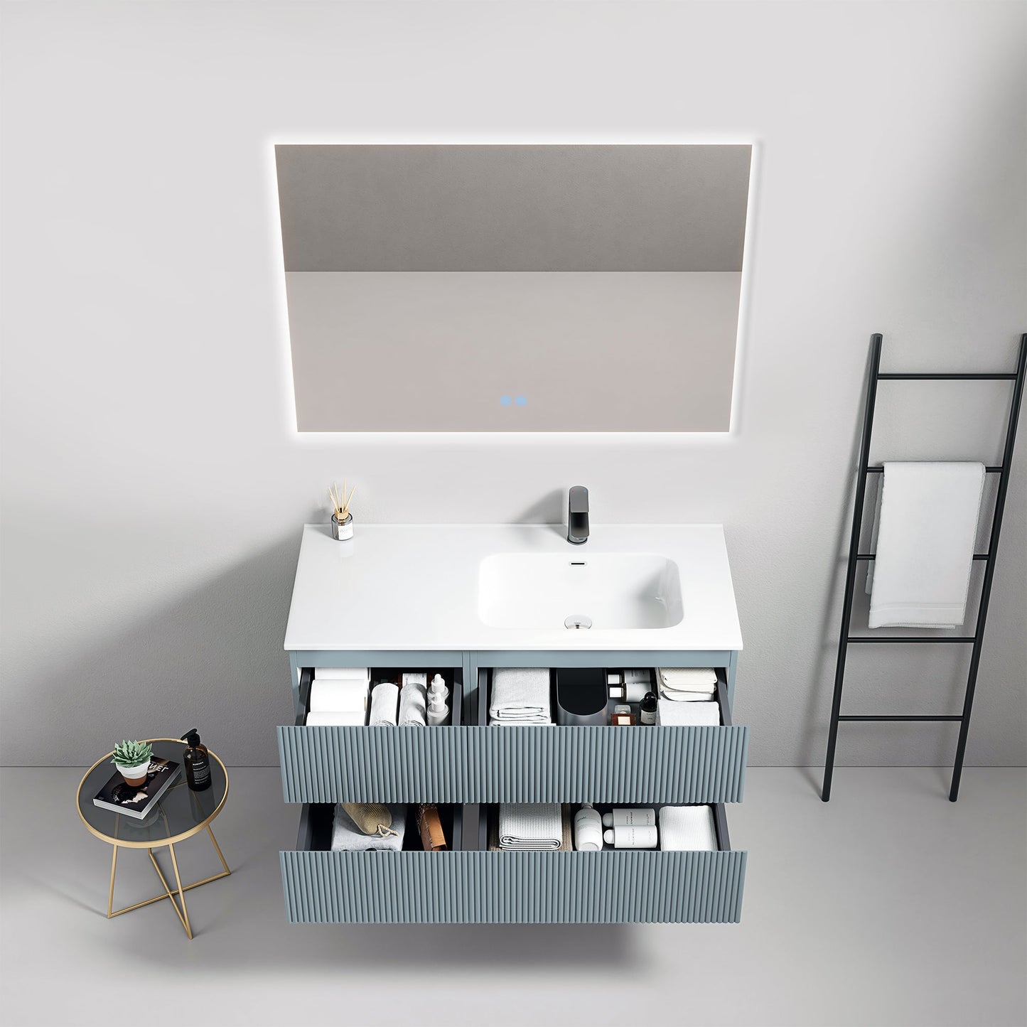 Mobile bagno sospeso cannettato 100 cm Blu Avio Lavabo a Destra in Ceramica Specchio Quadro Retroilluminato - Fiji Paint
