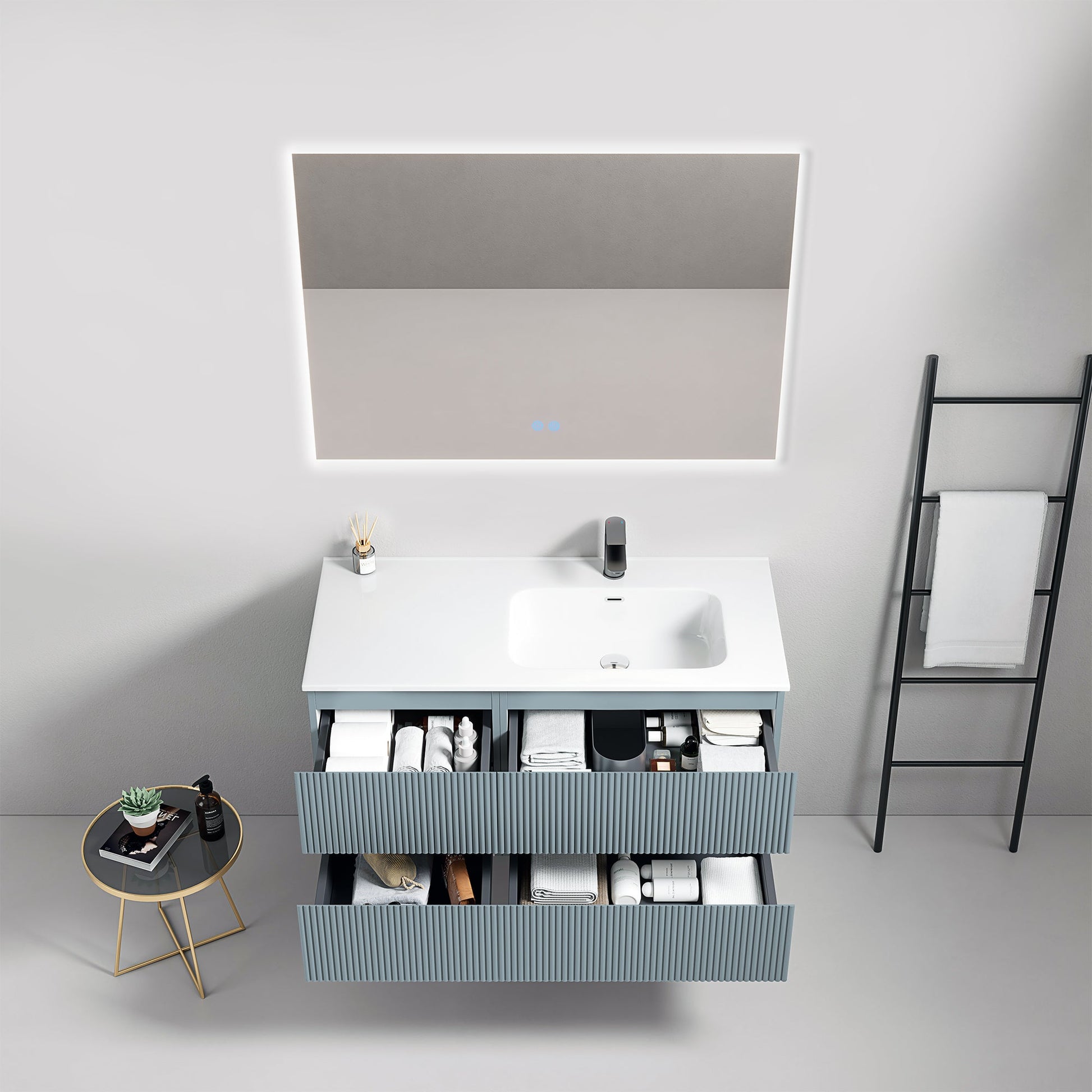 Mobile bagno sospeso cannettato 100 cm Blu Avio Lavabo a Destra in Ceramica Specchio Quadro Retroilluminato - Fiji Paint