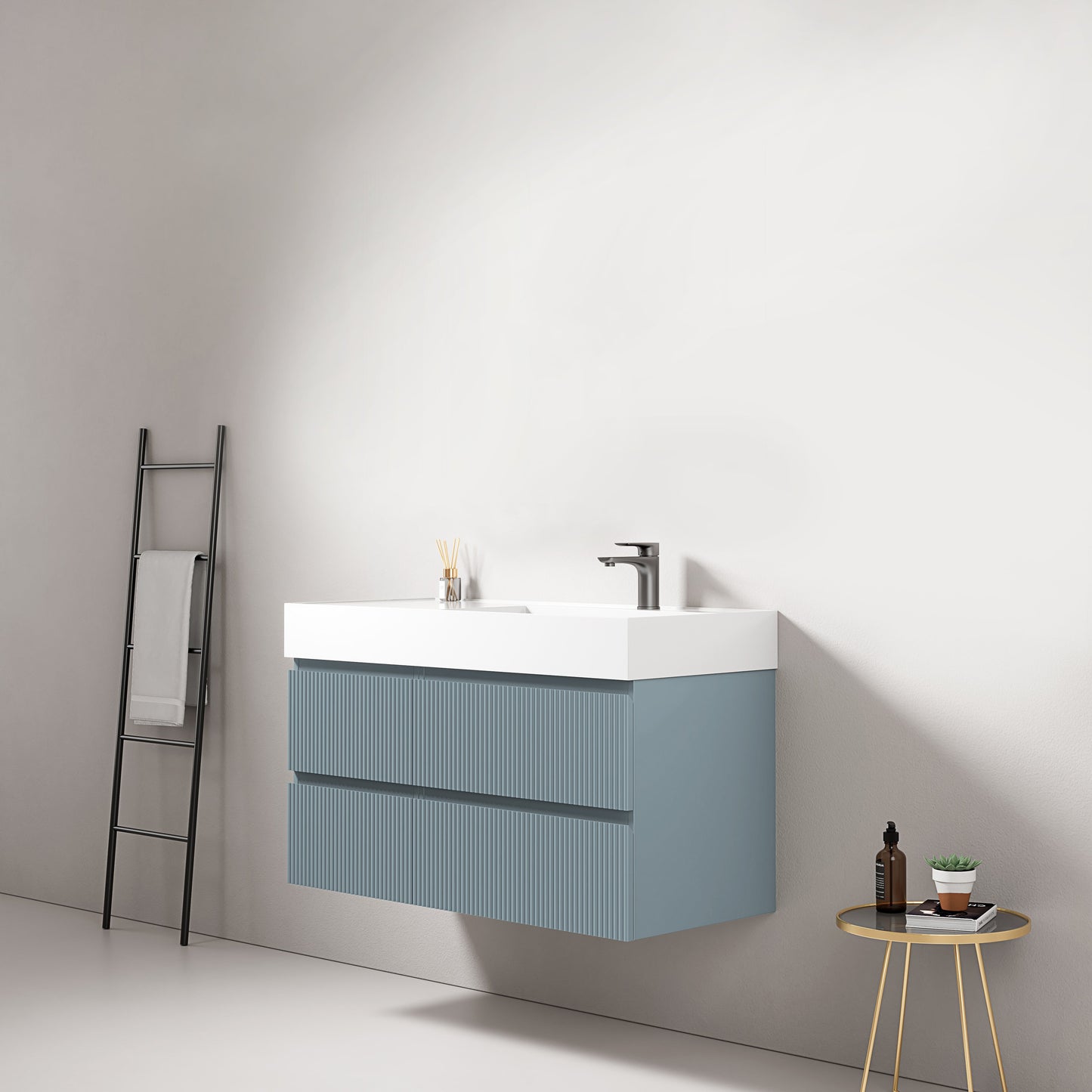 Mobile bagno sospeso cannettato 100 cm Blu Avio Lavabo a Destra in Resina Senza Specchio - Fiji Paint