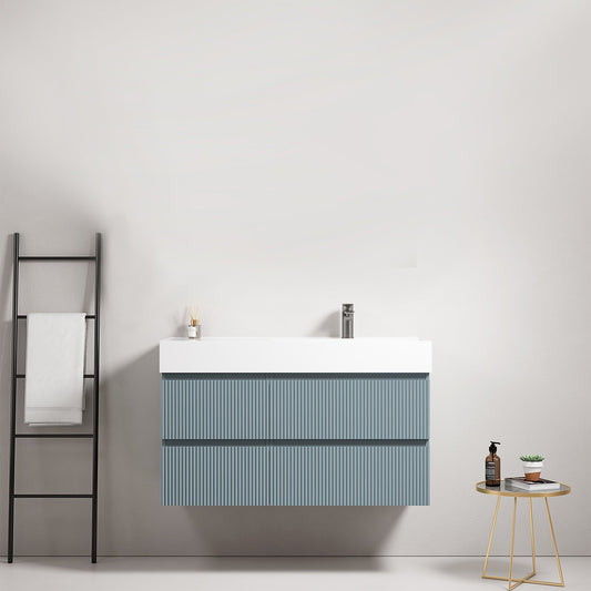 Mobile bagno sospeso cannettato 100 cm Blu Avio Lavabo a Destra in Resina Senza Specchio - Fiji Paint