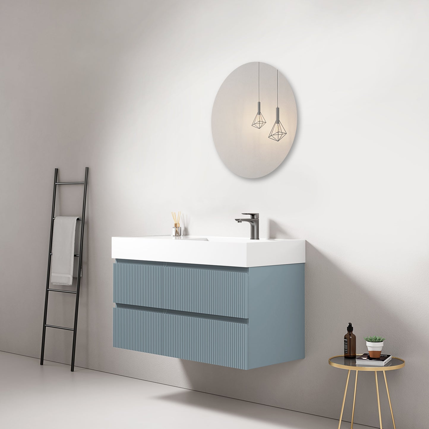 Mobile bagno sospeso cannettato 100 cm Blu Avio Lavabo a Destra in Resina Specchio Tondo - Fiji Paint