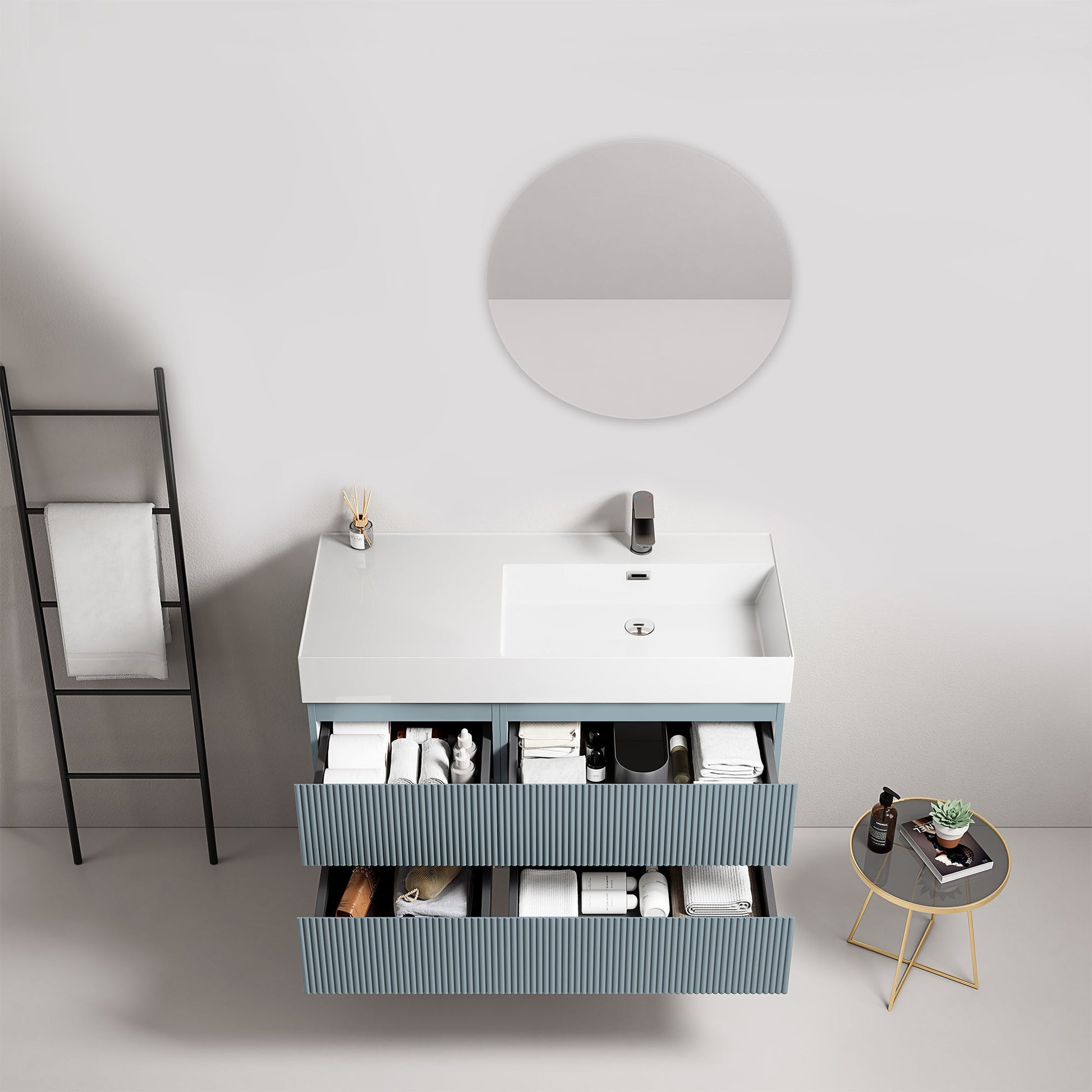 Mobile bagno sospeso cannettato 100 cm Blu Avio Lavabo a Destra in Resina Specchio Tondo - Fiji Paint.