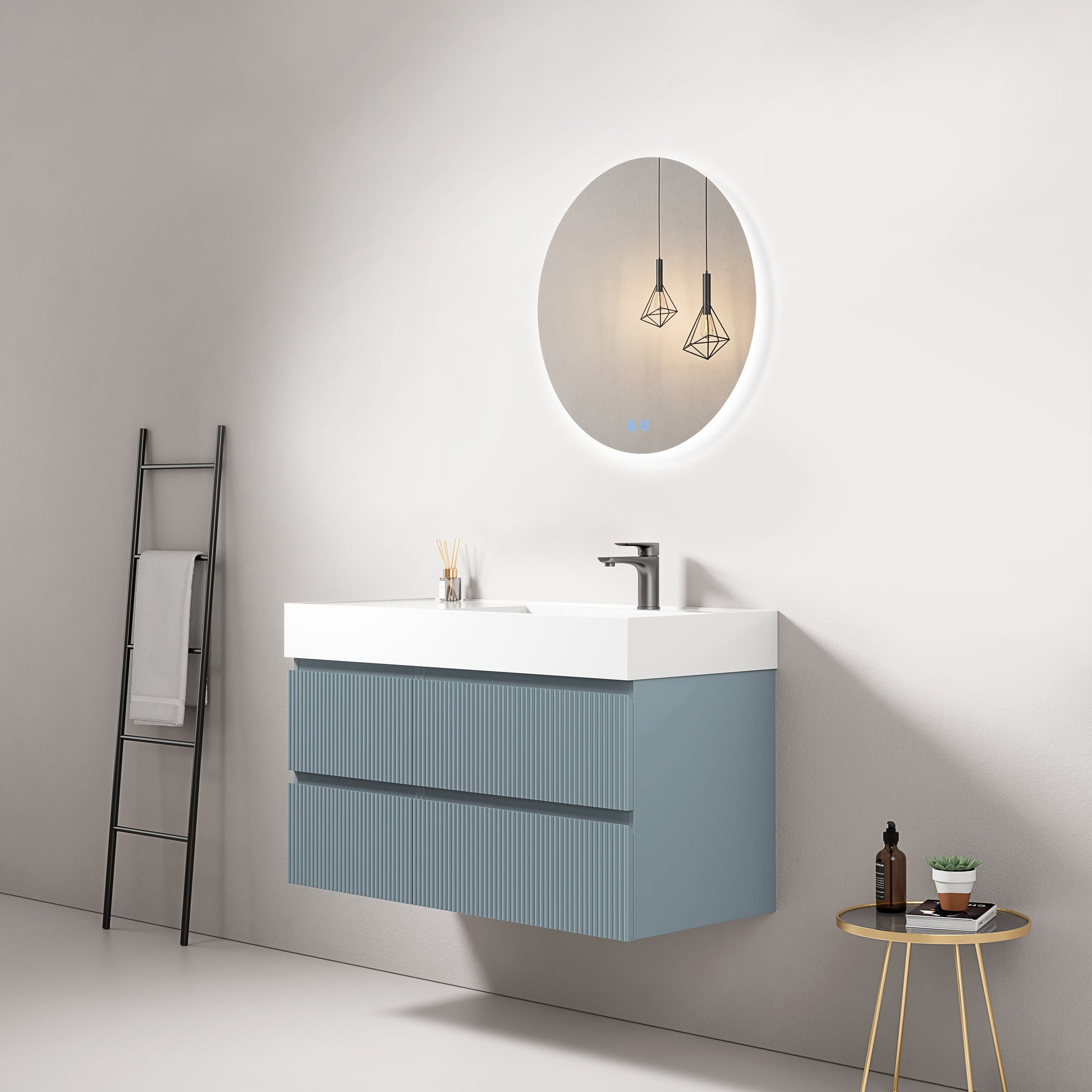 Mobile bagno sospeso cannettato 100 cm Blu Avio Lavabo a Destra in Resina Specchio Tondo Retroilluminato - Fiji Paint