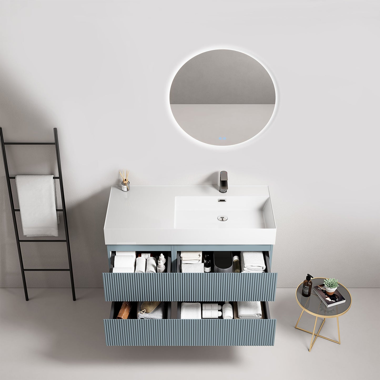 Mobile bagno sospeso cannettato 100 cm Blu Avio Lavabo a Destra in Resina Specchio Tondo Retroilluminato - Fiji Paint