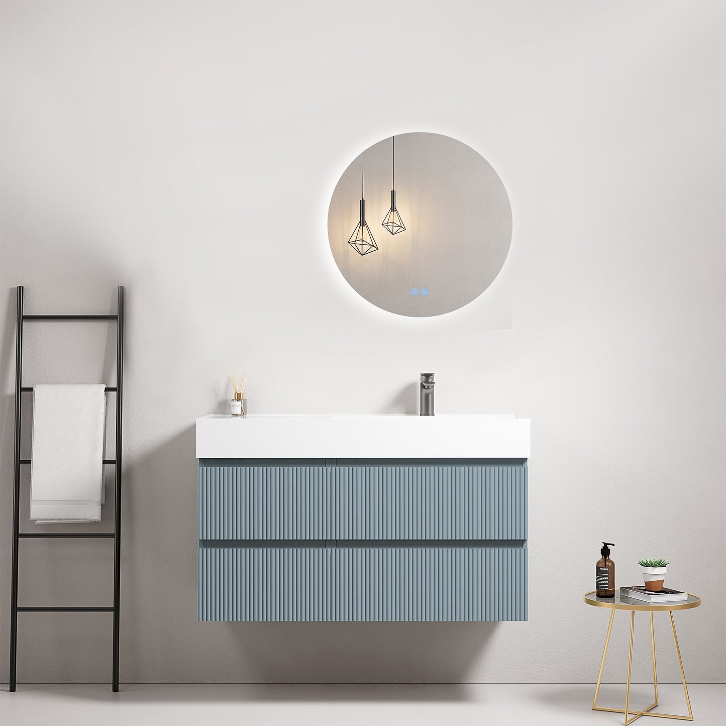 Mobile bagno sospeso cannettato 100 cm Blu Avio Lavabo a Destra in Resina Specchio Tondo Retroilluminato - Fiji Paint