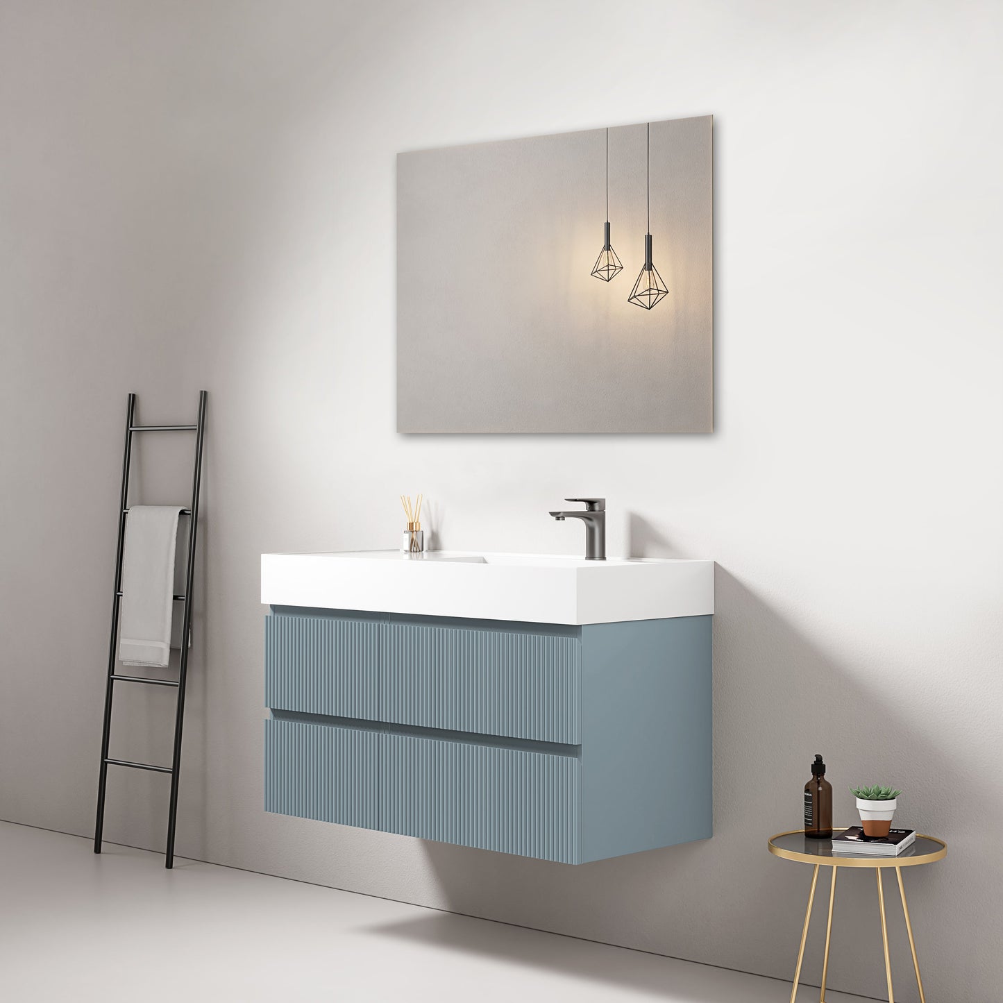 Mobile bagno sospeso cannettato 100 cm Blu Avio Lavabo a Destra in Resina Specchio Quadro - Fiji Paint