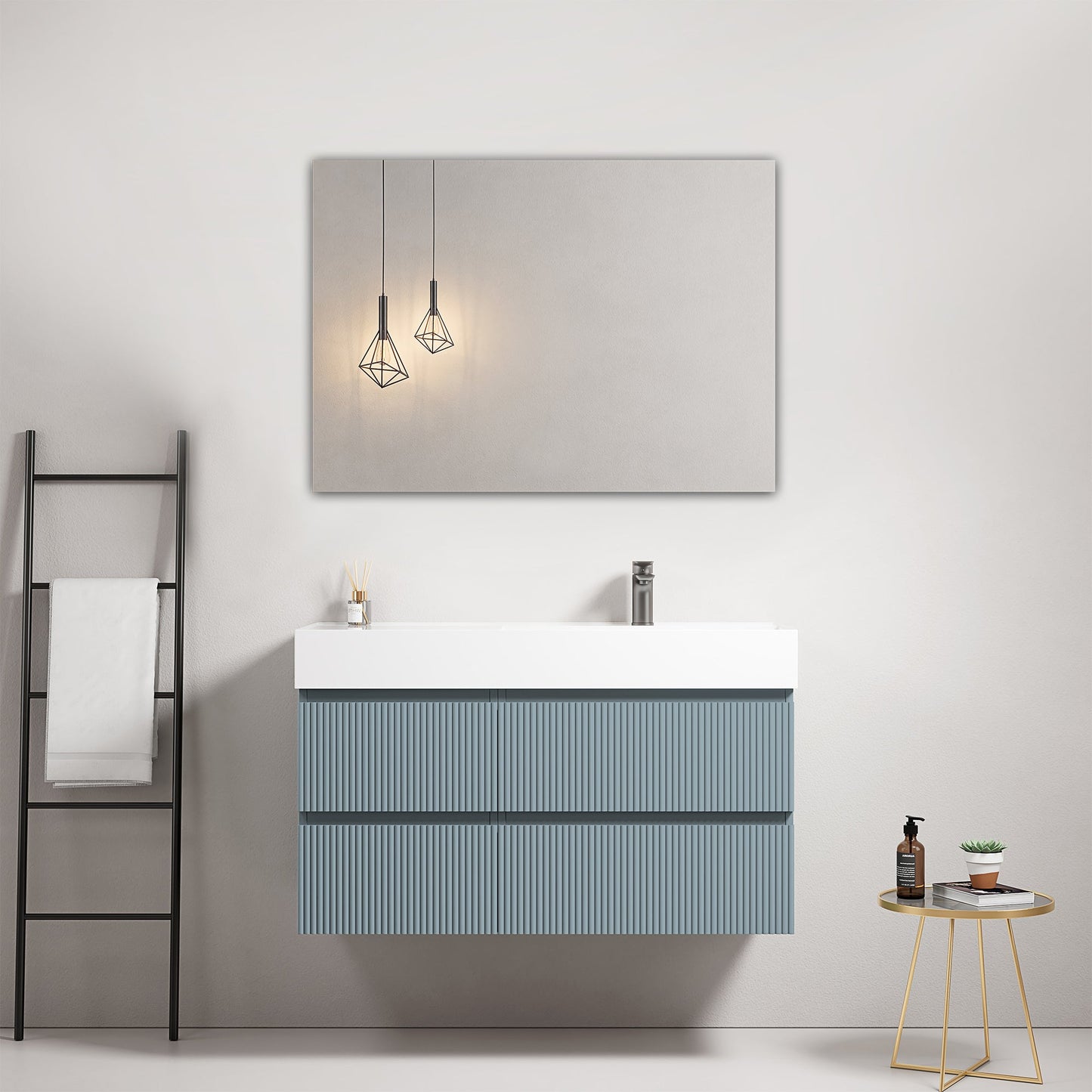 Mobile bagno sospeso cannettato 100 cm Blu Avio Lavabo a Destra in Resina Specchio Quadro - Fiji Paint