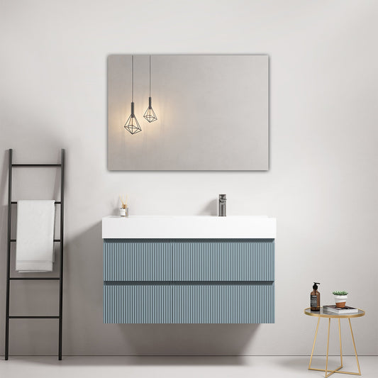 Mobile bagno sospeso cannettato 100 cm Blu Avio Lavabo a Destra in Resina Specchio Quadro - Fiji Paint