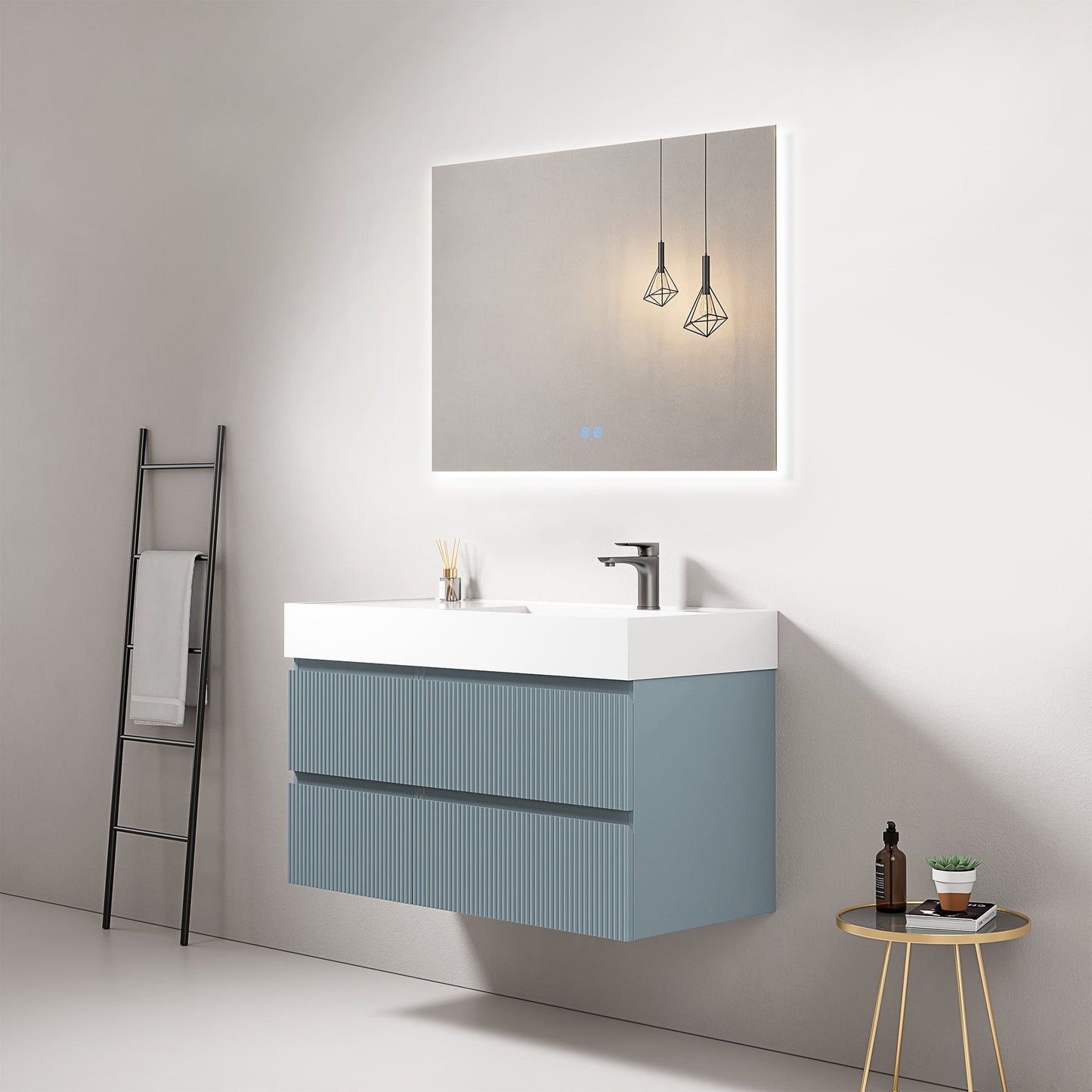 Mobile bagno sospeso cannettato 100 cm Blu Avio Lavabo a Destra in Resina Specchio Quadro Retroilluminato - Fiji Paint