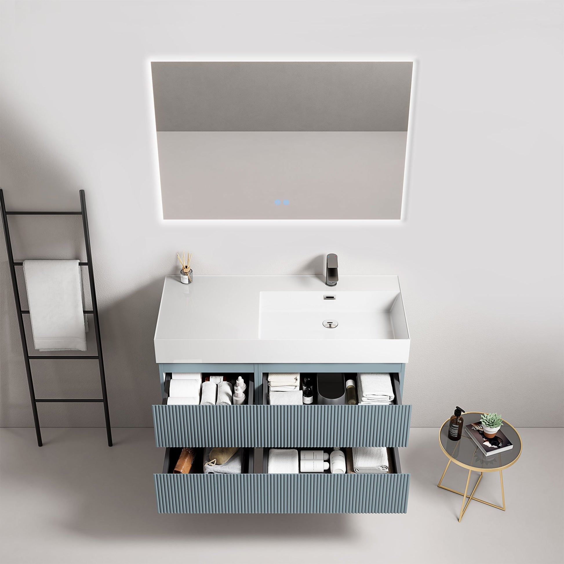 Mobile bagno sospeso cannettato 100 cm Blu Avio Lavabo a Destra in Resina Specchio Quadro Retroilluminato - Fiji Paint