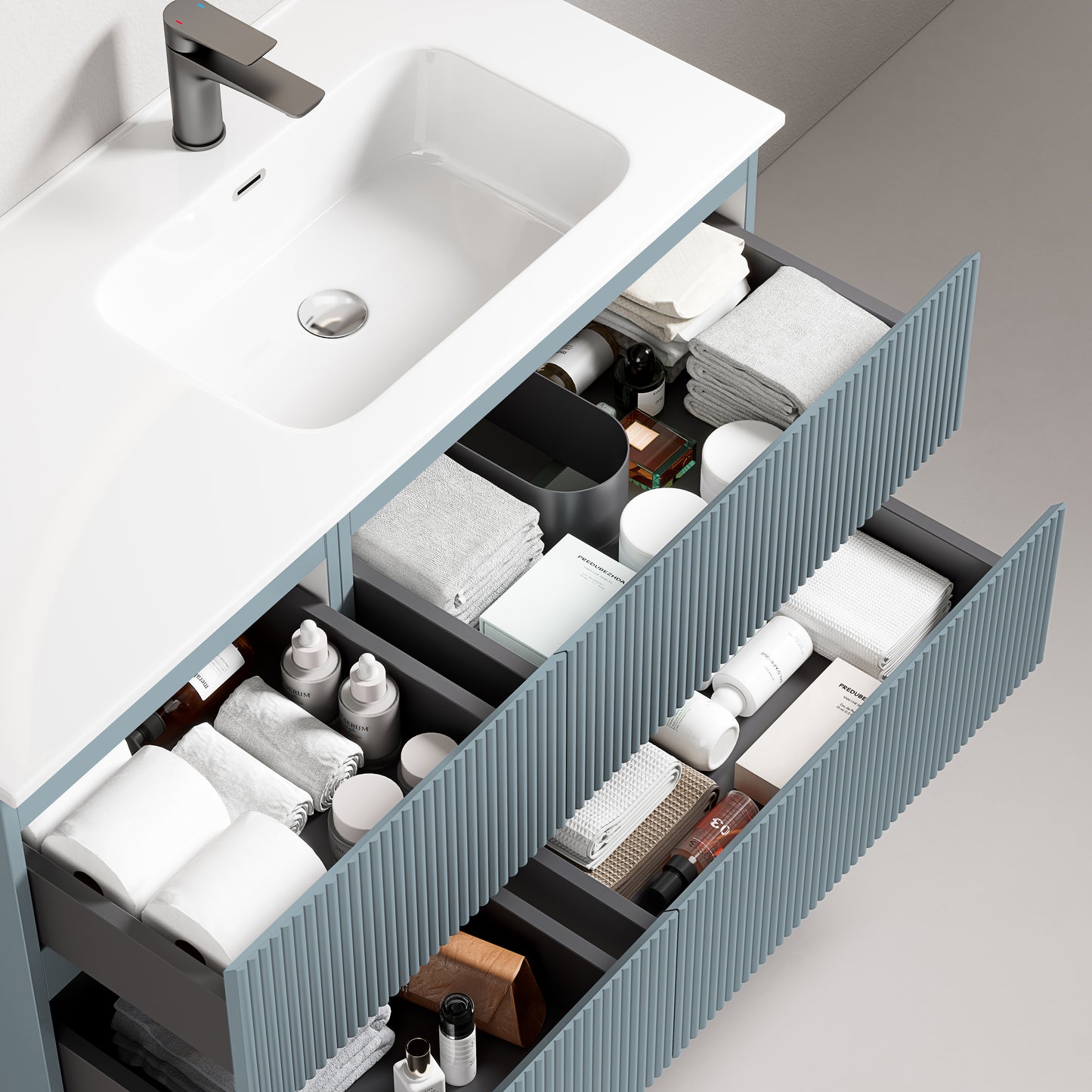 Mobile bagno sospeso cannettato 100 cm Blu Avio Lavabo a Destra in Ceramica Senza Specchio - Fiji Paint con cassetti organizzati
