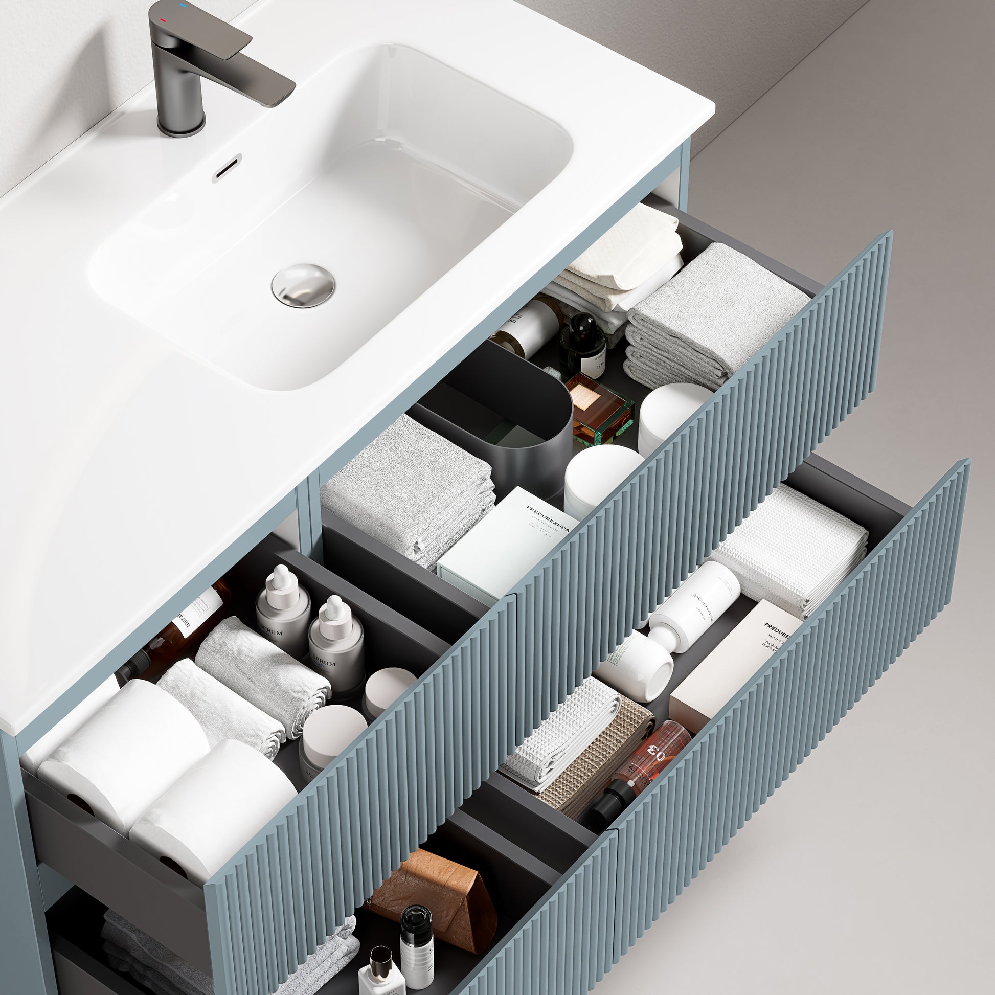 Mobile bagno sospeso cannettato 100 cm Blu Avio Lavabo a Destra in Ceramica Senza Specchio - Fiji Paint con cassetti organizzati