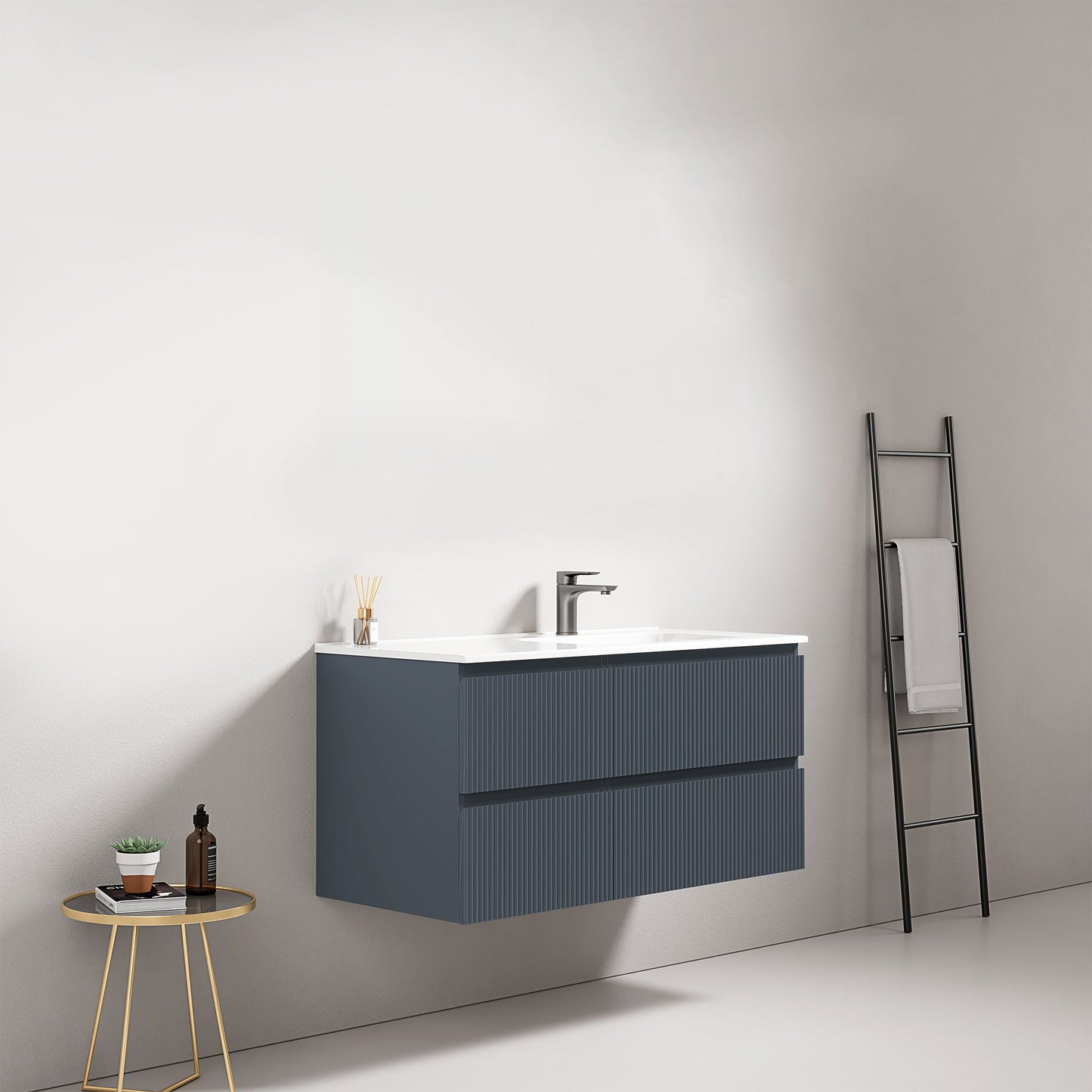 Mobile bagno sospeso cannettato 100 cm Blu Mare Lavabo a Destra in Ceramica Senza Specchio - Fiji Paint