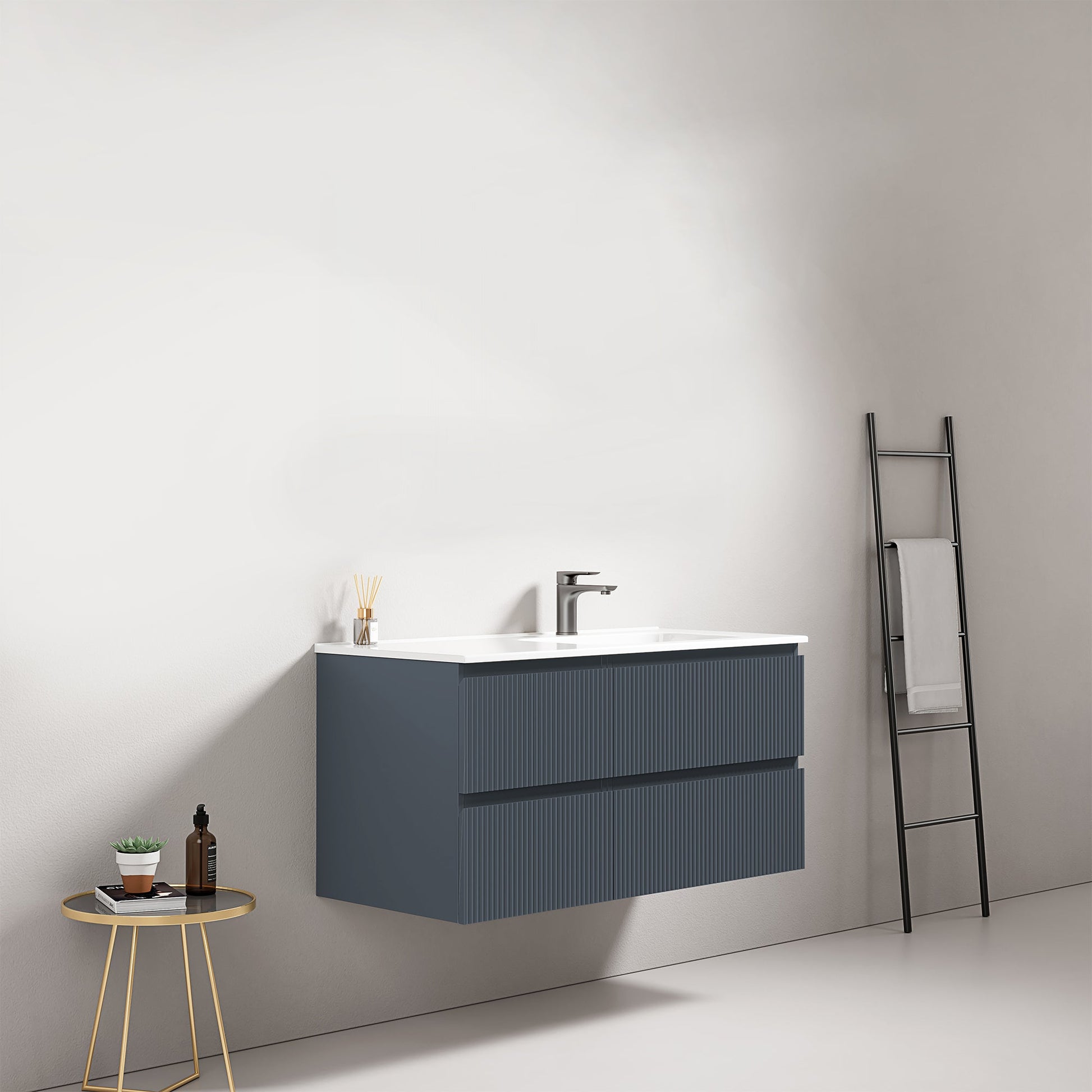 Mobile bagno sospeso cannettato 100 cm Blu Mare Lavabo a Destra in Ceramica Senza Specchio - Fiji Paint