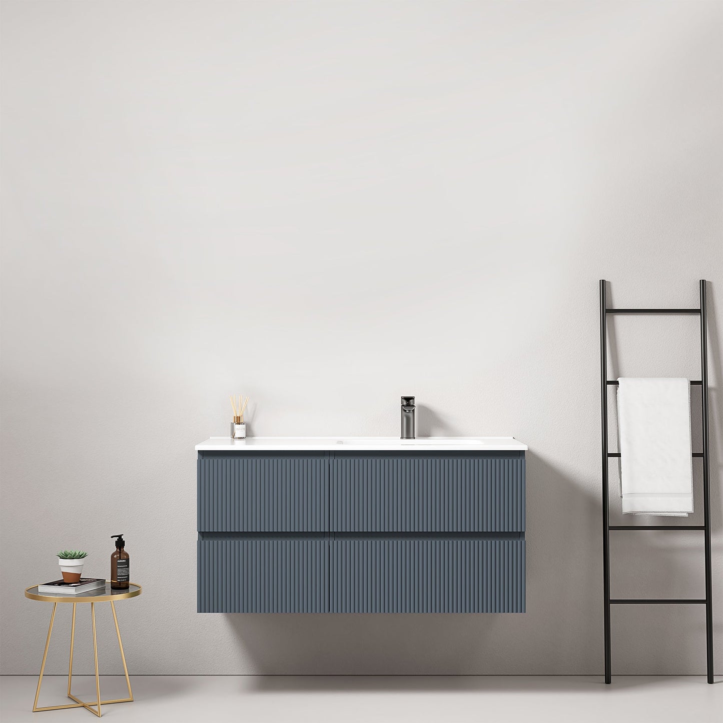 Mobile bagno sospeso cannettato 100 cm Blu Mare Lavabo a Destra in Ceramica Senza Specchio - Fiji Paint