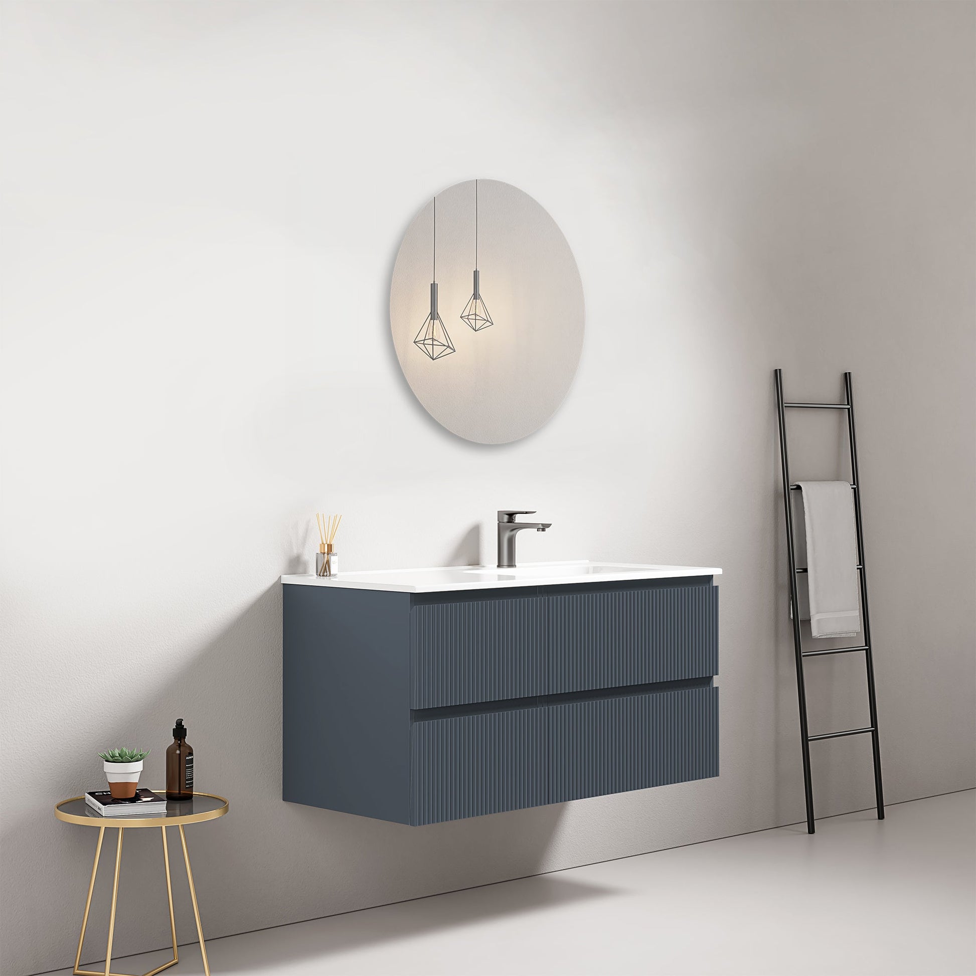 Mobile bagno sospeso cannettato 100 cm Blu Mare Lavabo a Destra in Ceramica Specchio Tondo - Fiji Paint.