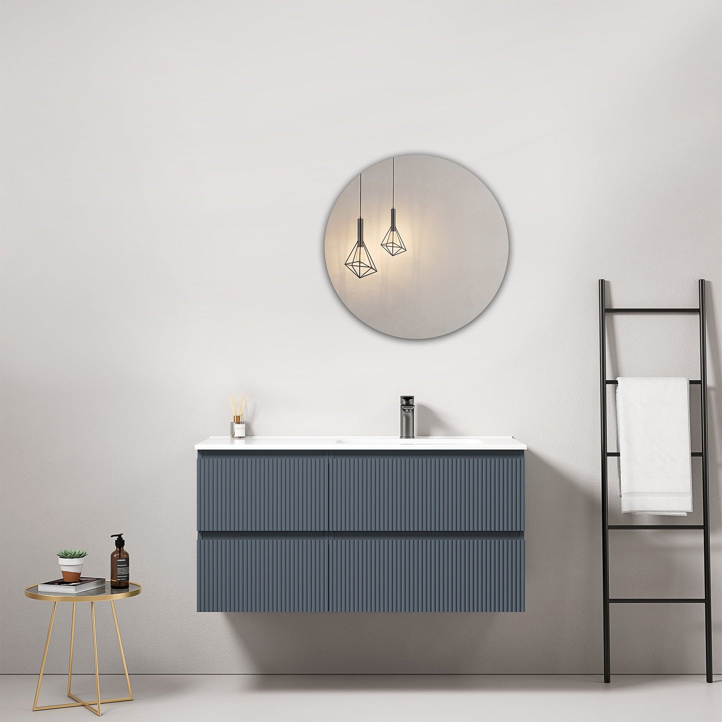 Mobile bagno sospeso cannettato 100 cm Blu Mare Lavabo a Destra in Ceramica Specchio Tondo - Fiji Paint