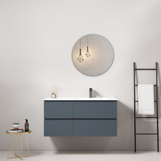Mobile bagno sospeso cannettato 100 cm Blu Mare Lavabo a Destra in Ceramica Specchio Tondo - Fiji Paint