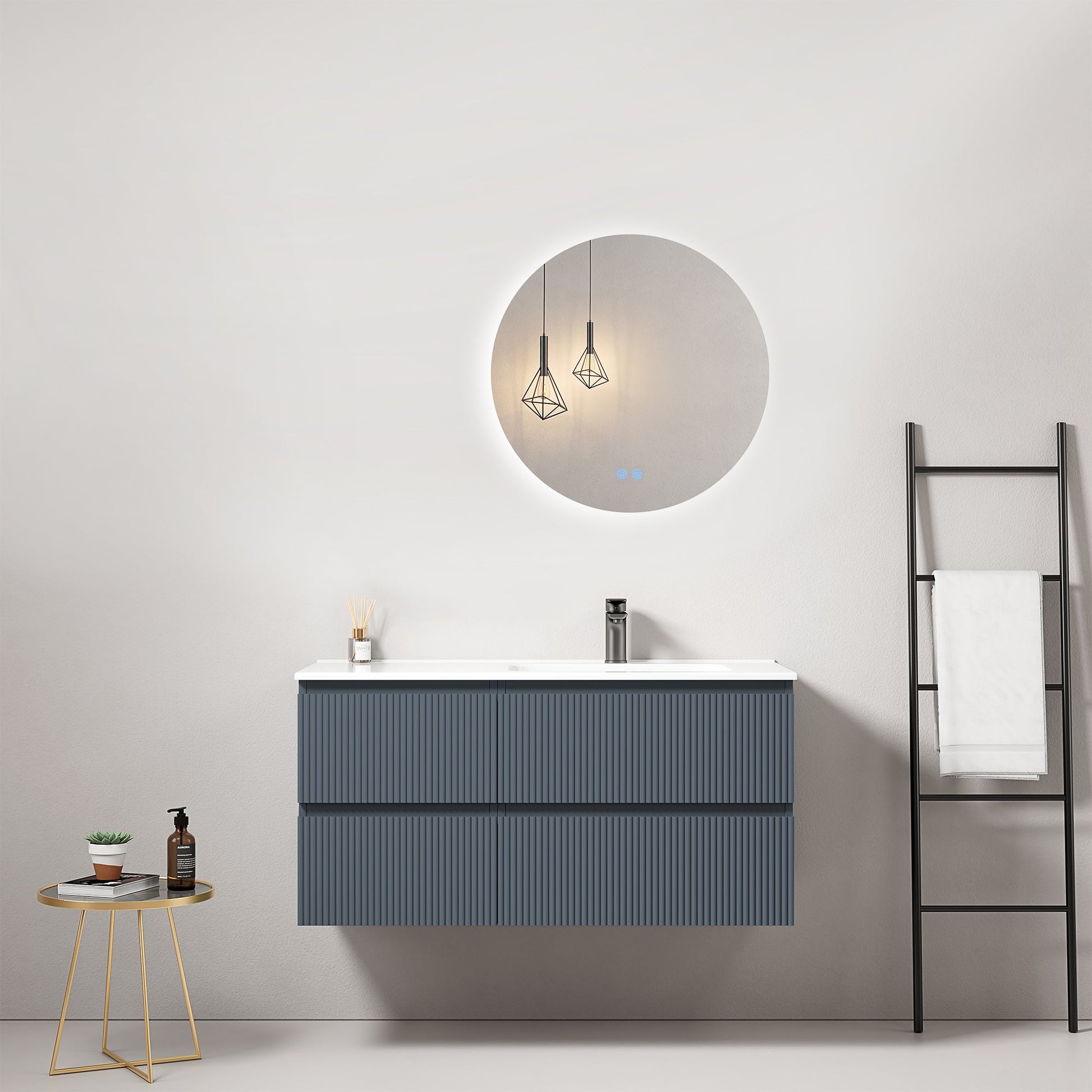 Mobile bagno sospeso cannettato 100 cm Blu Mare Lavabo a Destra in Ceramica Specchio Tondo Retroilluminato - Fiji Paint.