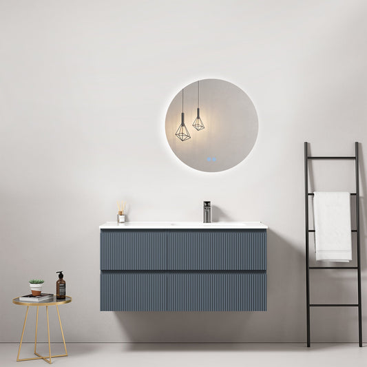 Mobile bagno sospeso cannettato 100 cm Blu Mare Lavabo a Destra in Ceramica Specchio Tondo Retroilluminato - Fiji Paint.