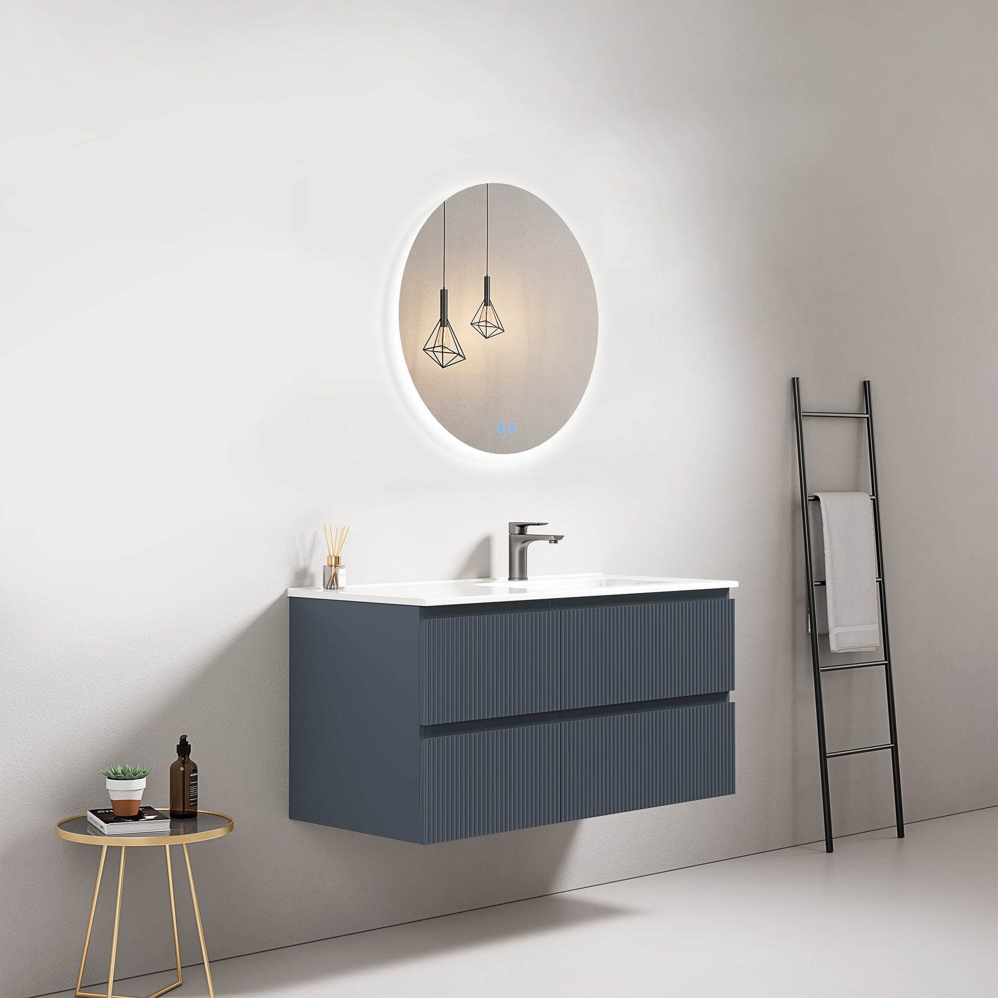Mobile bagno sospeso cannettato 100 cm Blu Mare Lavabo a Destra in Ceramica Specchio Tondo Retroilluminato - Fiji Paint.