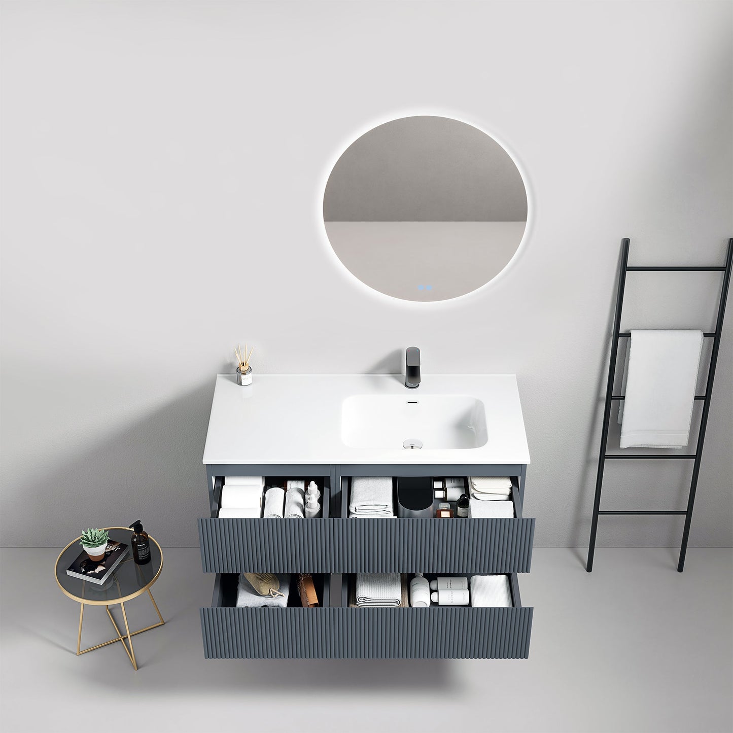 Mobile bagno sospeso cannettato 100 cm Blu Mare Lavabo a Destra in Ceramica Specchio Tondo Retroilluminato - Fiji Paint