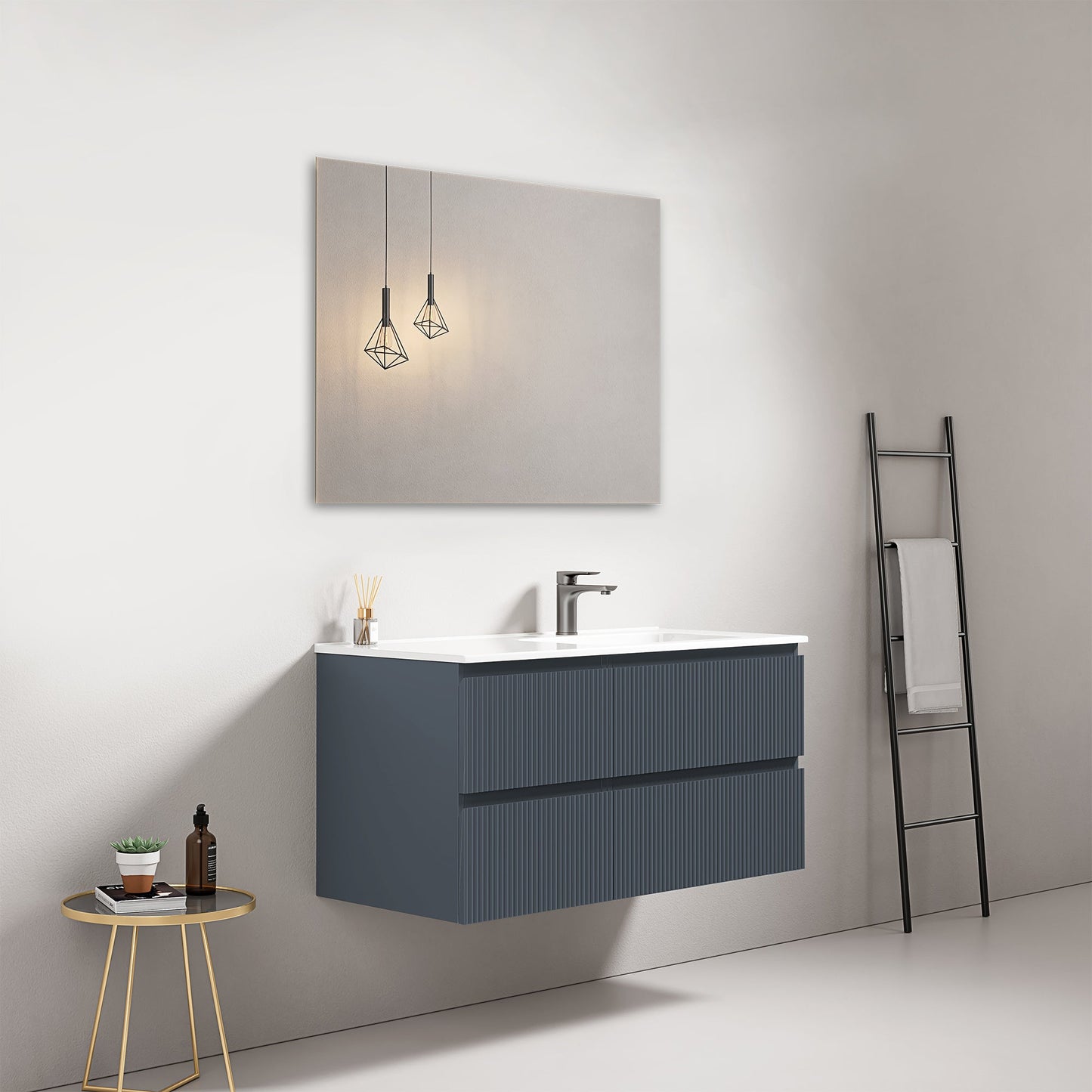 Mobile bagno sospeso cannettato 100 cm Blu Mare Lavabo a Destra in Ceramica Specchio Quadro - Fiji Paint