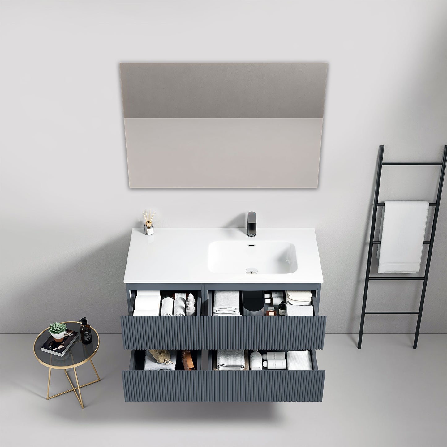 Mobile bagno sospeso cannettato 100 cm Blu Mare Lavabo a Destra in Ceramica Specchio Quadro - Fiji Paint