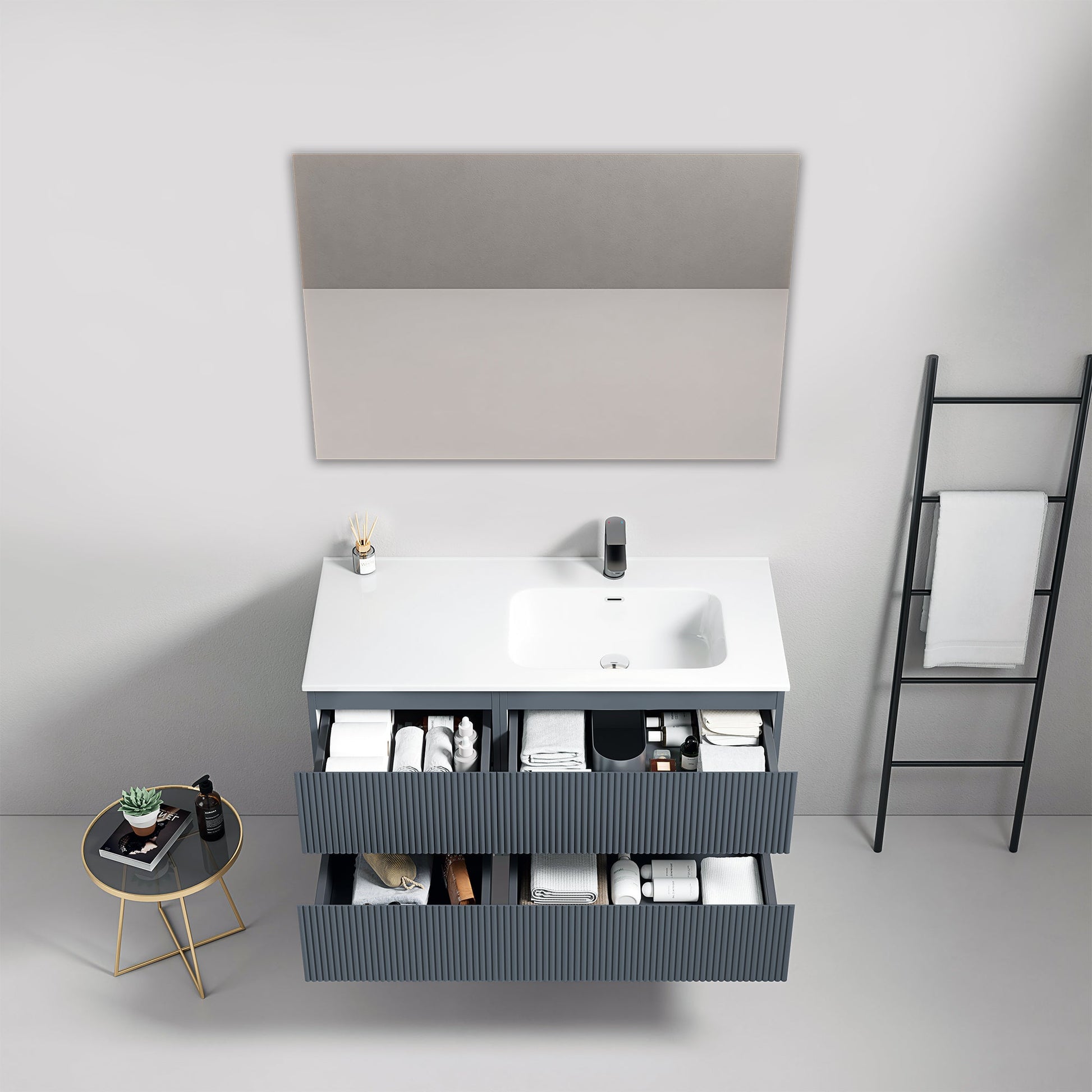 Mobile bagno sospeso cannettato 100 cm Blu Mare Lavabo a Destra in Ceramica Specchio Quadro - Fiji Paint