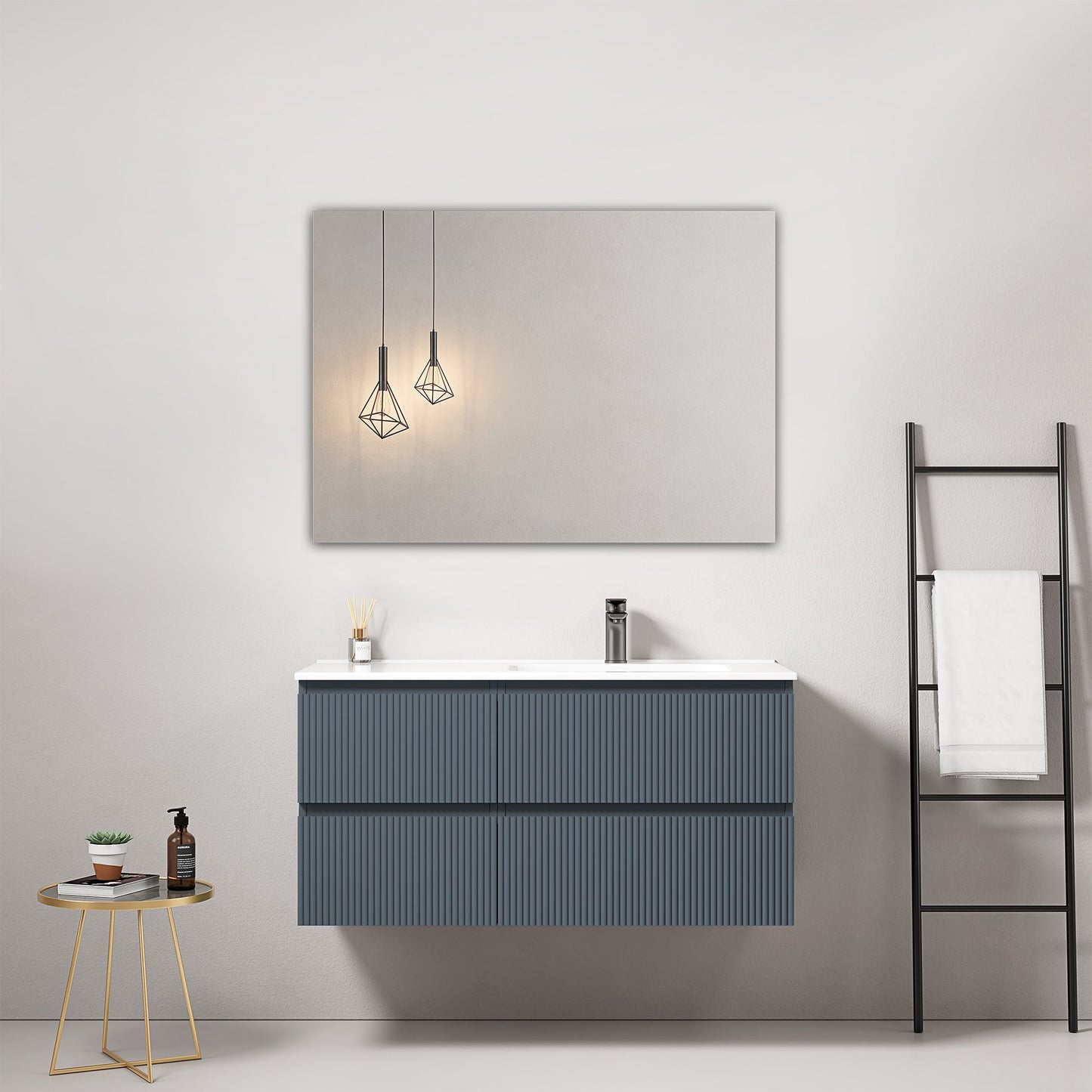 Mobile bagno sospeso cannettato 100 cm Blu Mare Lavabo a Destra in Ceramica Specchio Quadro - Fiji Paint.