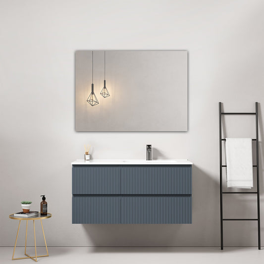 Mobile bagno sospeso cannettato 100 cm Blu Mare Lavabo a Destra in Ceramica Specchio Quadro - Fiji Paint.
