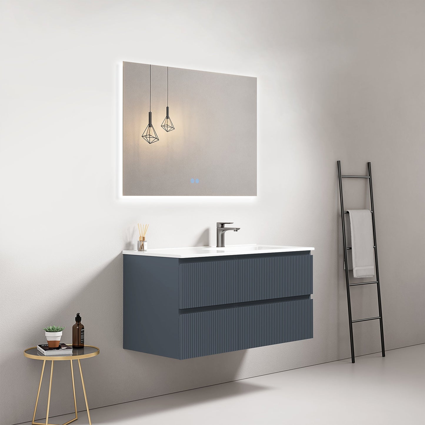 Mobile bagno sospeso cannettato 100 cm Blu Mare Lavabo a Destra in Ceramica Specchio Quadro Retroilluminato - Fiji Paint