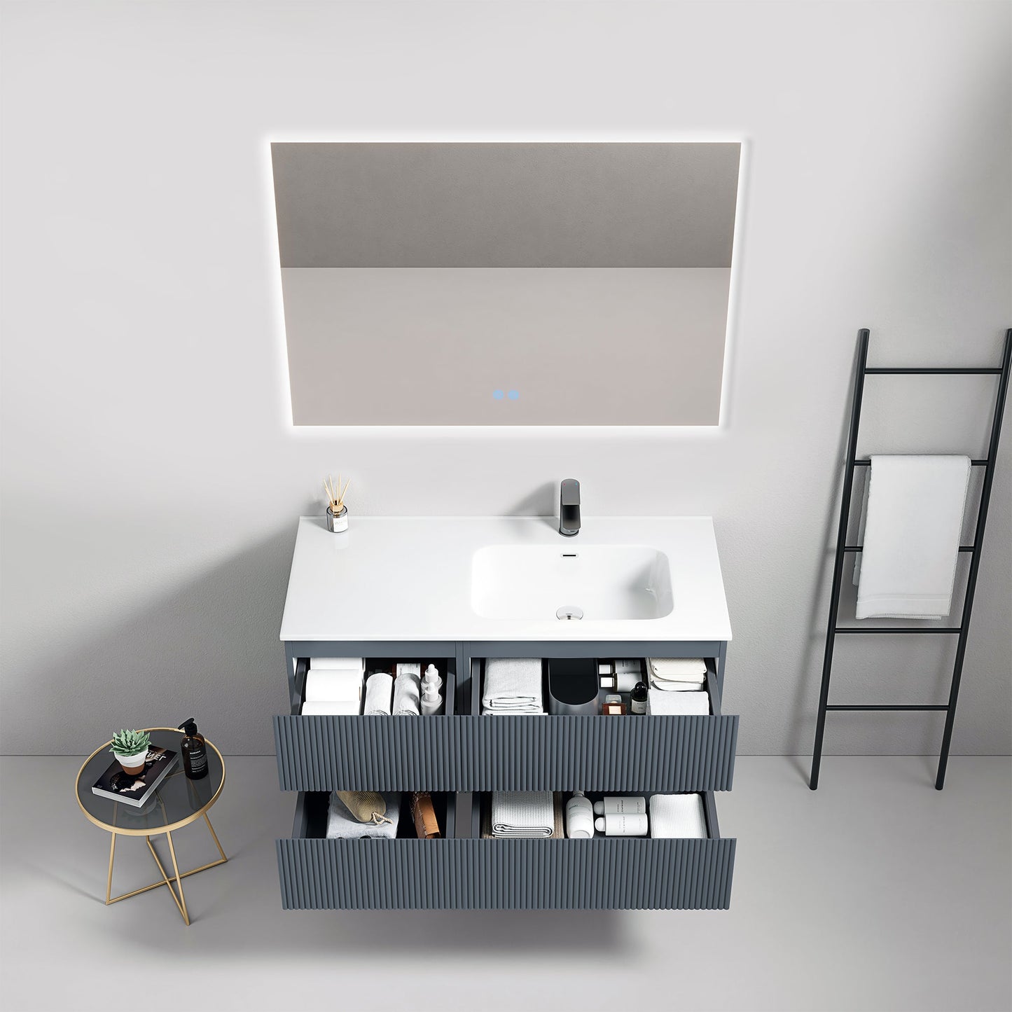 Mobile bagno sospeso cannettato 100 cm Blu Mare Lavabo a Destra in Ceramica Specchio Quadro Retroilluminato - Fiji Paint.