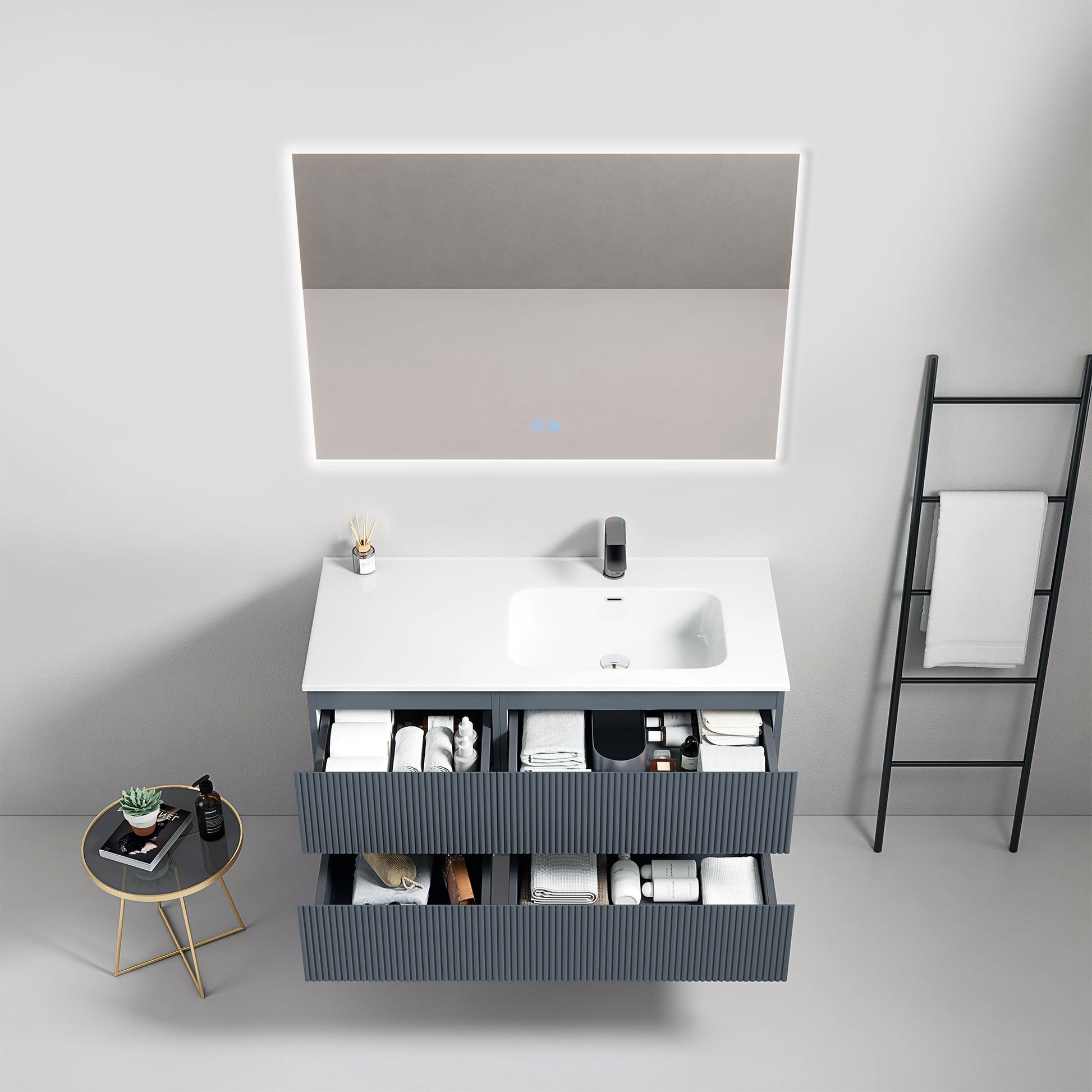 Mobile bagno sospeso cannettato 100 cm Blu Mare Lavabo a Destra in Ceramica Specchio Quadro Retroilluminato - Fiji Paint.