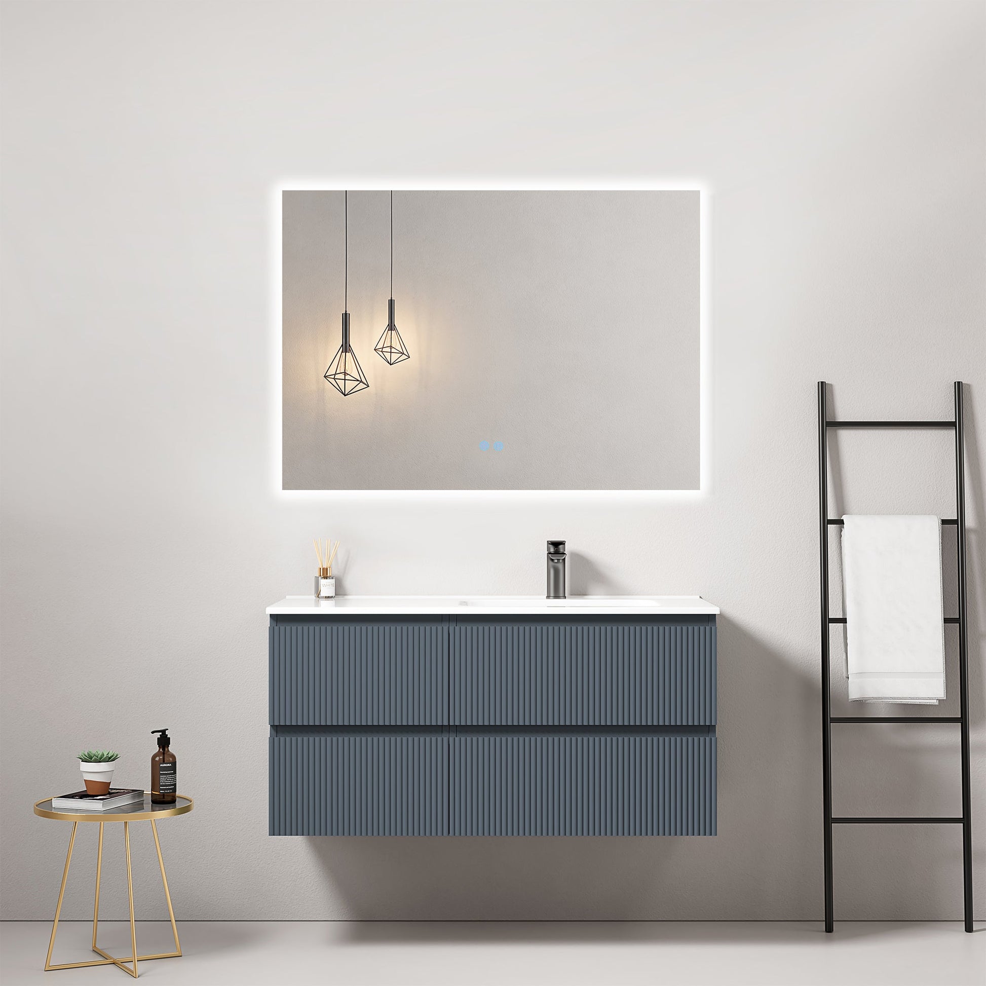 Mobile bagno sospeso cannettato 100 cm Blu Mare Lavabo a Destra in Ceramica Specchio Quadro Retroilluminato - Fiji Paint